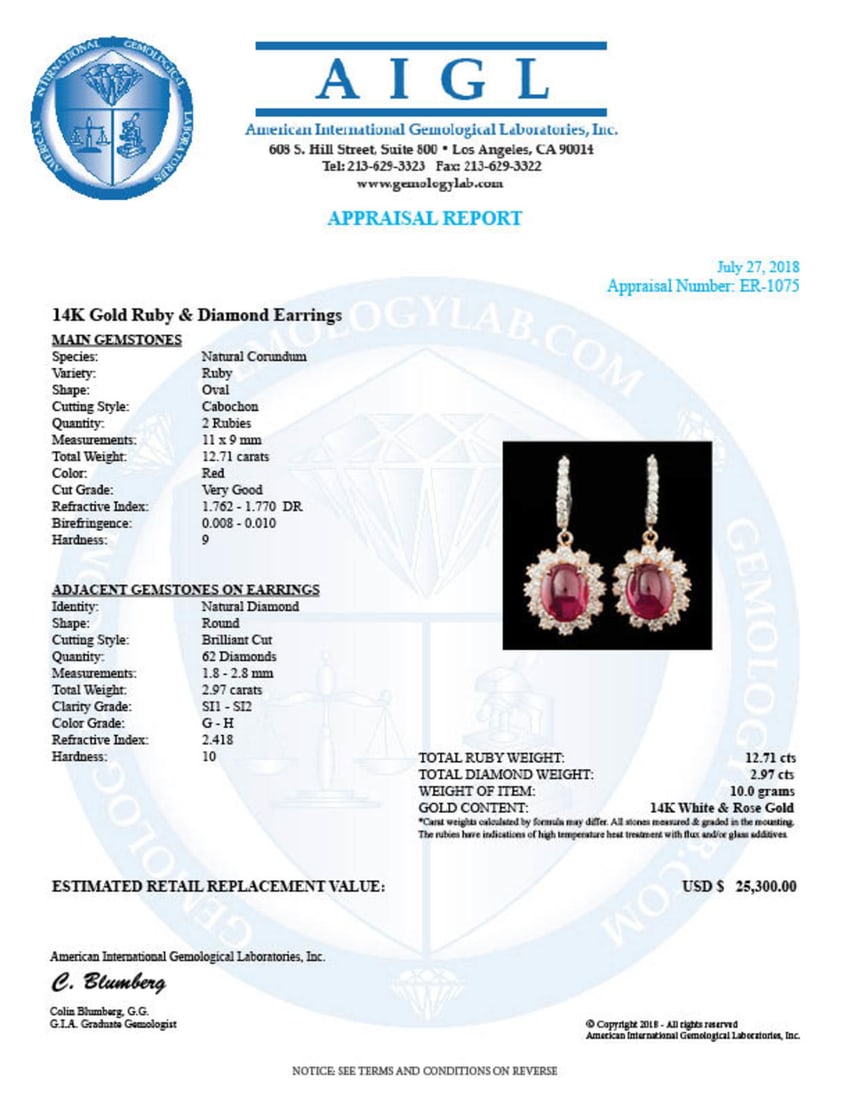 14k Gold 12.71ct Ruby 2.97ct Diamond Earrings - 4