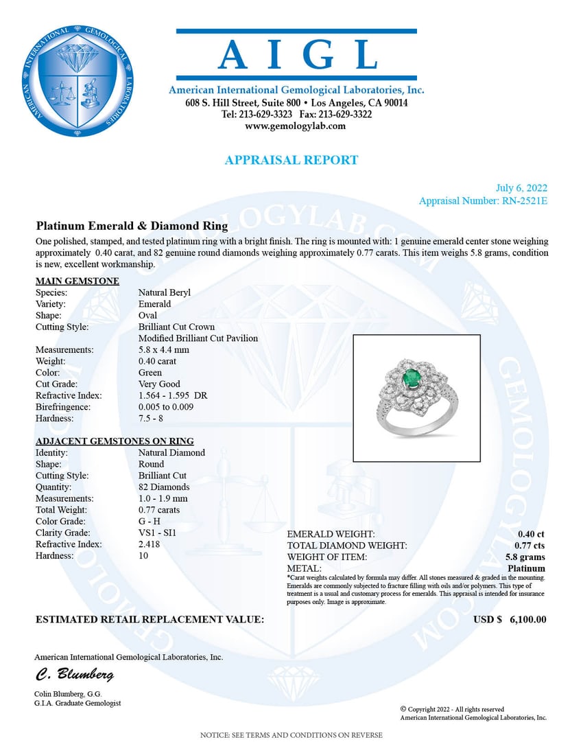 Platinum Setting with 0.40ct Emerald and 0.77ct Diamond Ladies Ring - 6