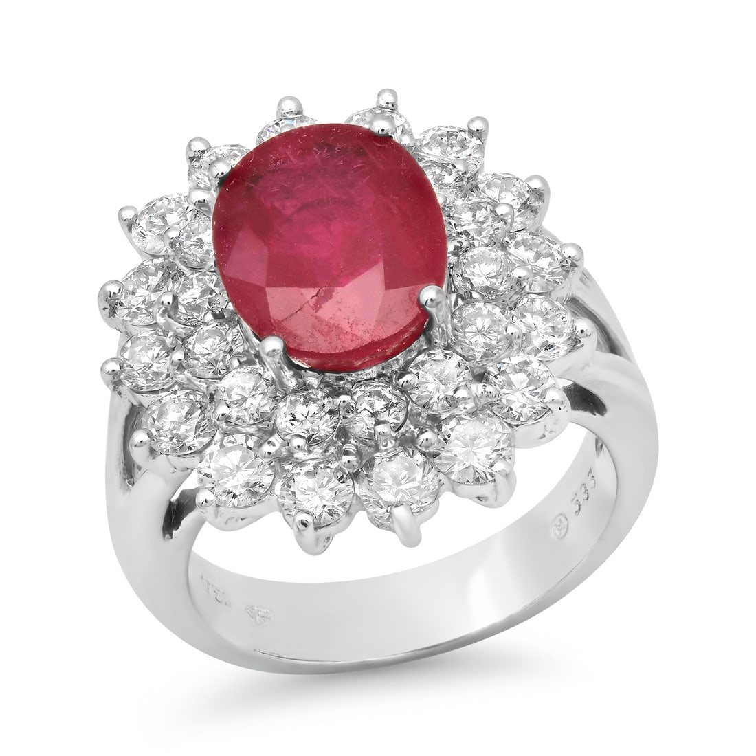 18K White Gold Setting with 5.35ct Ruby and 2.51ct Diamond Ladies Ring: Retail: $9,650.00 ****** 18K White Gold Setting with 5.35ct Ruby and 2.51ct Diamond Ladies Ring ****** Size: 7 (we offer free resizing to winning bidders) / Metal: 18K White Gold / Total Item Weight: 