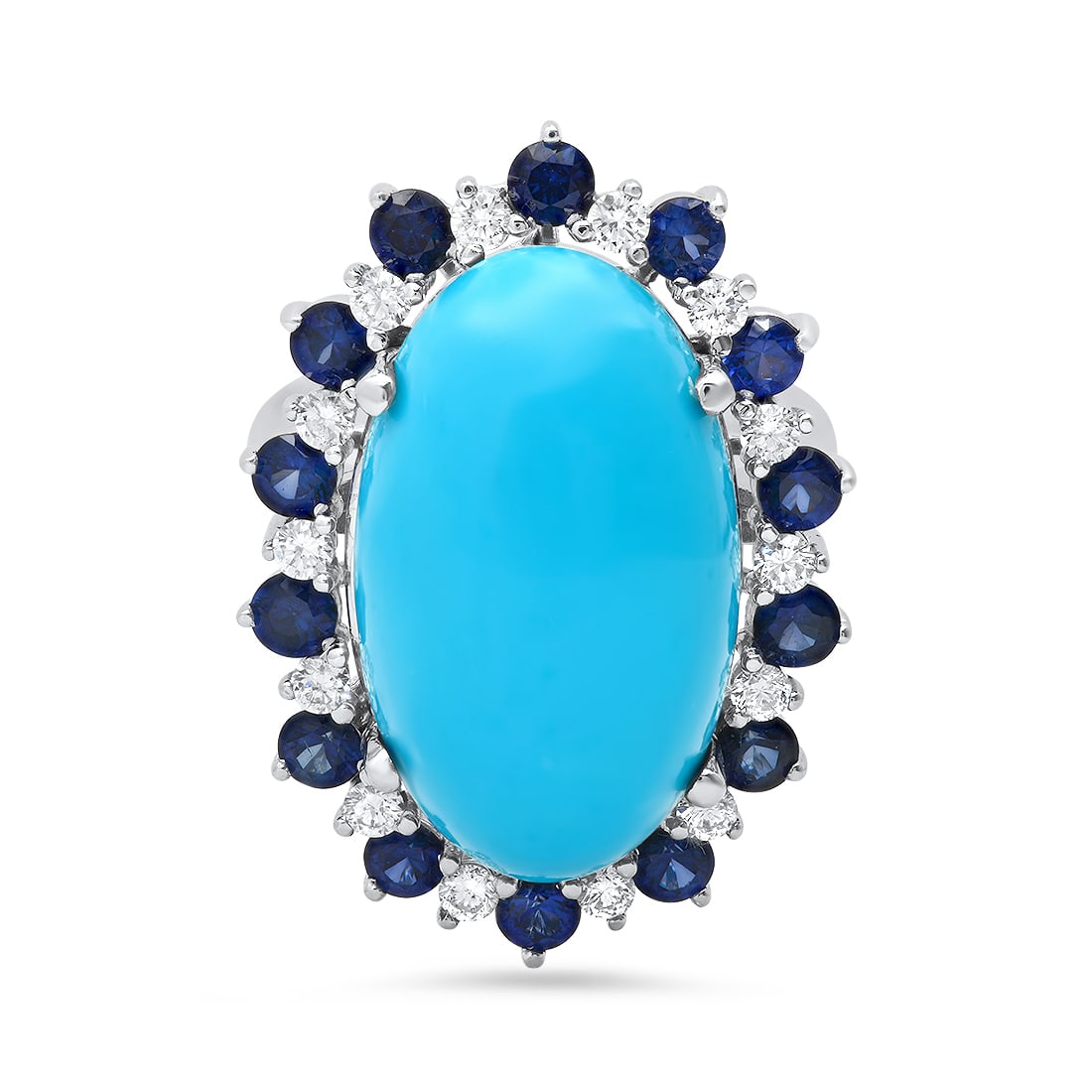 14K White Gold 16.95ct Turquoise 2.05ct Sapphire and 0.65ct Diamond Ring: Retail: $8,837.00 ****** 14K White Gold 16.95ct Turquoise 2.05ct Sapphire and 0.65ct Diamond Ring ****** Metal: 14K White Gold / Total Item Weight: 10.3 Grams / Country Made: United States / / Main St