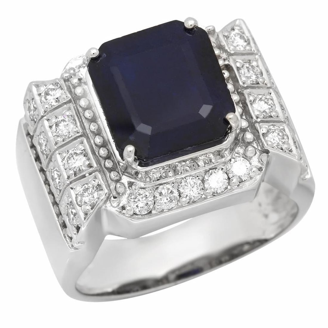 14K White Gold 5.75ct Sapphire and 1.01ct Diamond Mens Ring: Retail: $8,070.00 ****** 14K White Gold 5.75ct Sapphire and 1.01ct Diamond Mens Ring ****** Metal: 14K White Gold / Total Item Weight: 13.2 / Country Made: United States / / Main Stone: Sapphire / Col