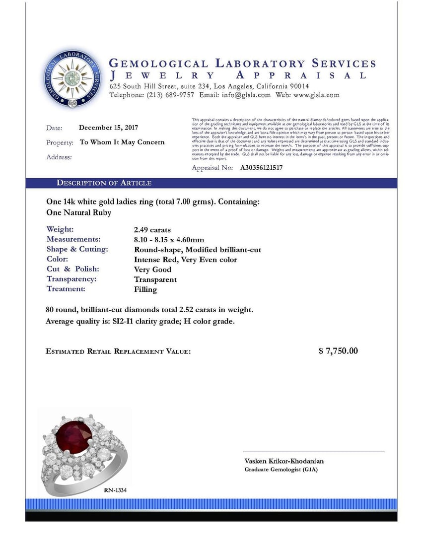 14k White Gold 2.49ct Ruby 2.52ct Diamond Ring - 4