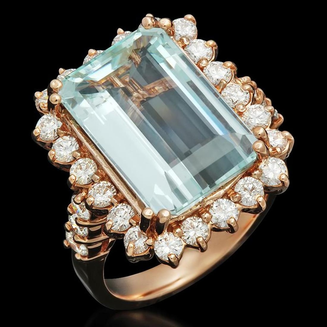 14K Rose Gold 7.38ct Aquamarine and 1.57ct Diamond Ring: Retail: $11,689.00 ****** 14K Rose Gold 7.38ct Aquamarine and 1.57ct Diamond Ring ****** Metal: 14K Rose Gold / Total Item Weight: 8.7 Grams / Country Made: United States / / Main Stone: Aquamarine / 