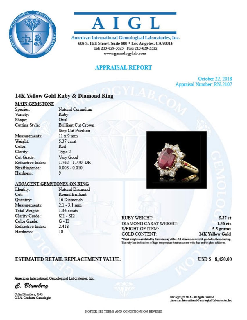 14K Yellow Gold 5.37ct Ruby and 1.36ct Diamond Ring - 5
