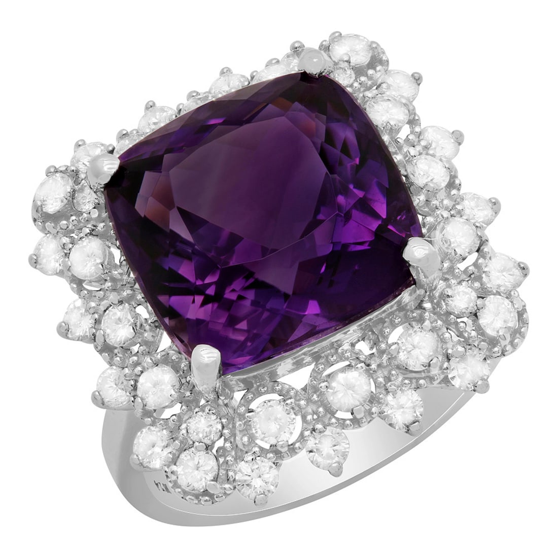 14k White Gold 7.68ct Amethyst 0.90ct Diamond Ring: Retail: $5,685.00 ****** 14k White Gold 7.68ct Amethyst 0.90ct Diamond Ring ****** Metal: 14K White Gold / Total Item Weight: 6.20 grams / Country Made: United States / / Main Stone: Amethyst / Color: