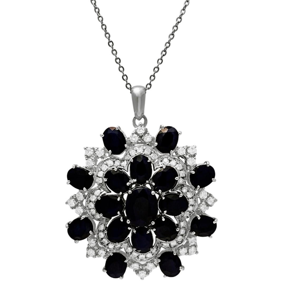 14k White Gold 27.94ct Sapphire 2.61ct Diamond Necklace: Retail: $18,560.00 ****** 14k White Gold 27.94ct Sapphire 2.61ct Diamond Necklace ****** Metal: 14K White Gold / Total Item Weight: 24.60 grams / Country Made: United States / / Main Stone: Sapphire /