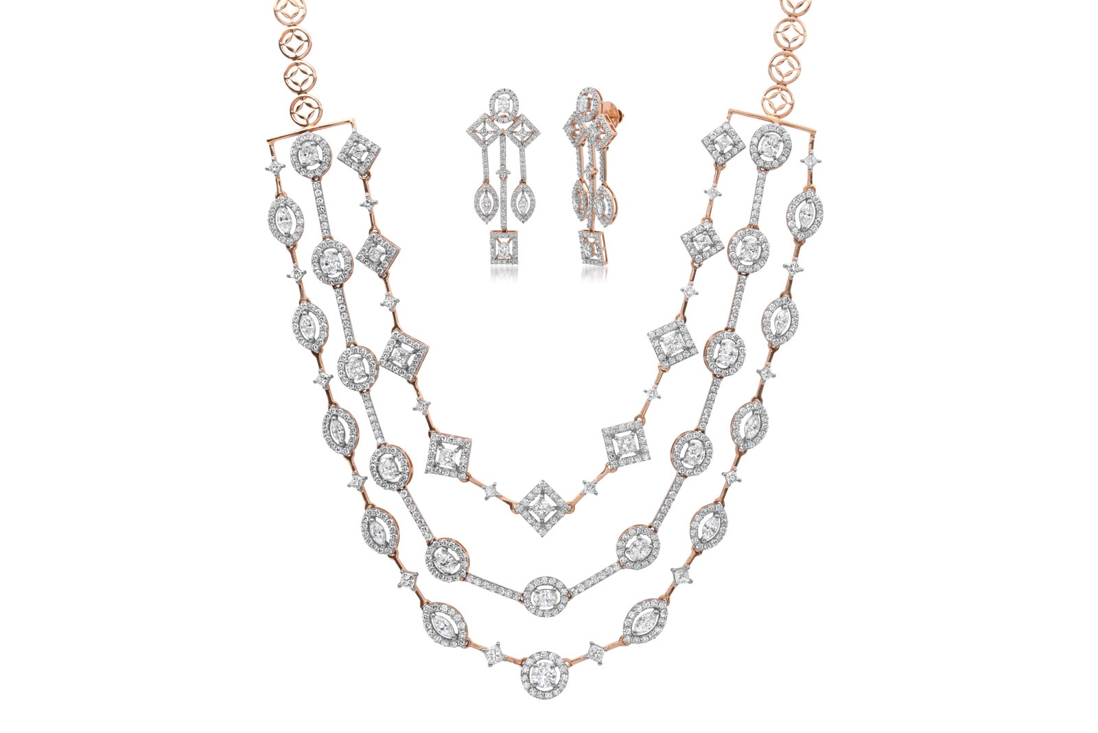 14K Rose Gold 15.59tcw Diamond Necklace and Earring Set: Retail: $52,478.00 ****** 14K Rose Gold 15.59tcw Diamond Necklace and Earring Set ****** Size: 17 Necklace 2" Earrings / Metal: 14K Rose Gold / Total Item Weight: 49.2 Grams / Country Made: United Sta