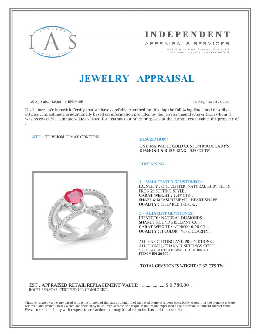 18K White Gold Setting with 1.47ct Heart shapped Ruby and 0.90ct Diamond Ring - 5