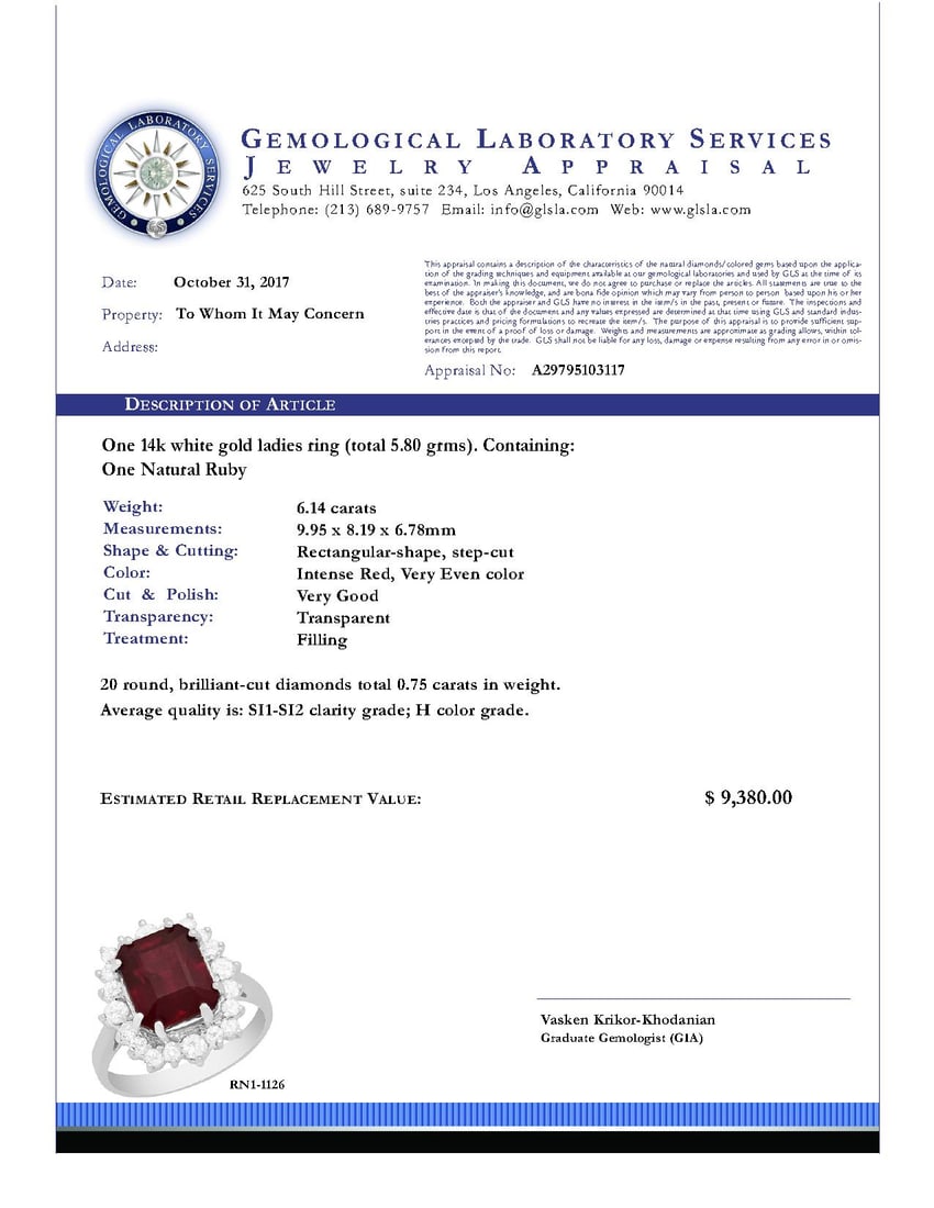 14k White Gold 6.14ct Ruby 0.75ct Diamond Ring - 4