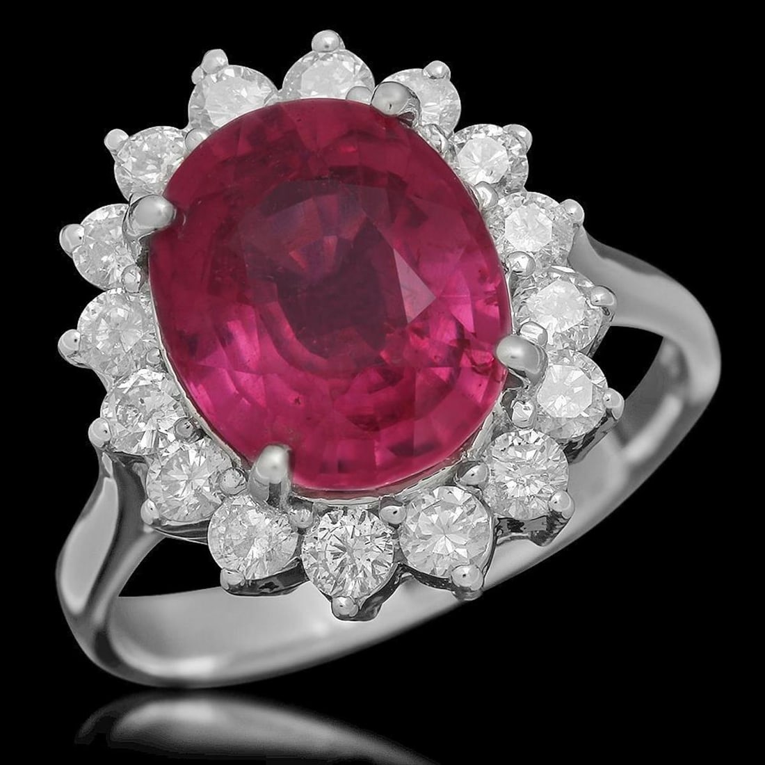 14K White Gold 4.96ct Ruby and 1.01ct Diamond Ring: Retail: $5,350.00 ****** 14K White Gold 4.96ct Ruby and 1.01ct Diamond Ring ****** Metal: 14K White Gold / Total Item Weight: 5.0 Grams / Country Made: United States / / Main Stone: Ruby / Color: Pink