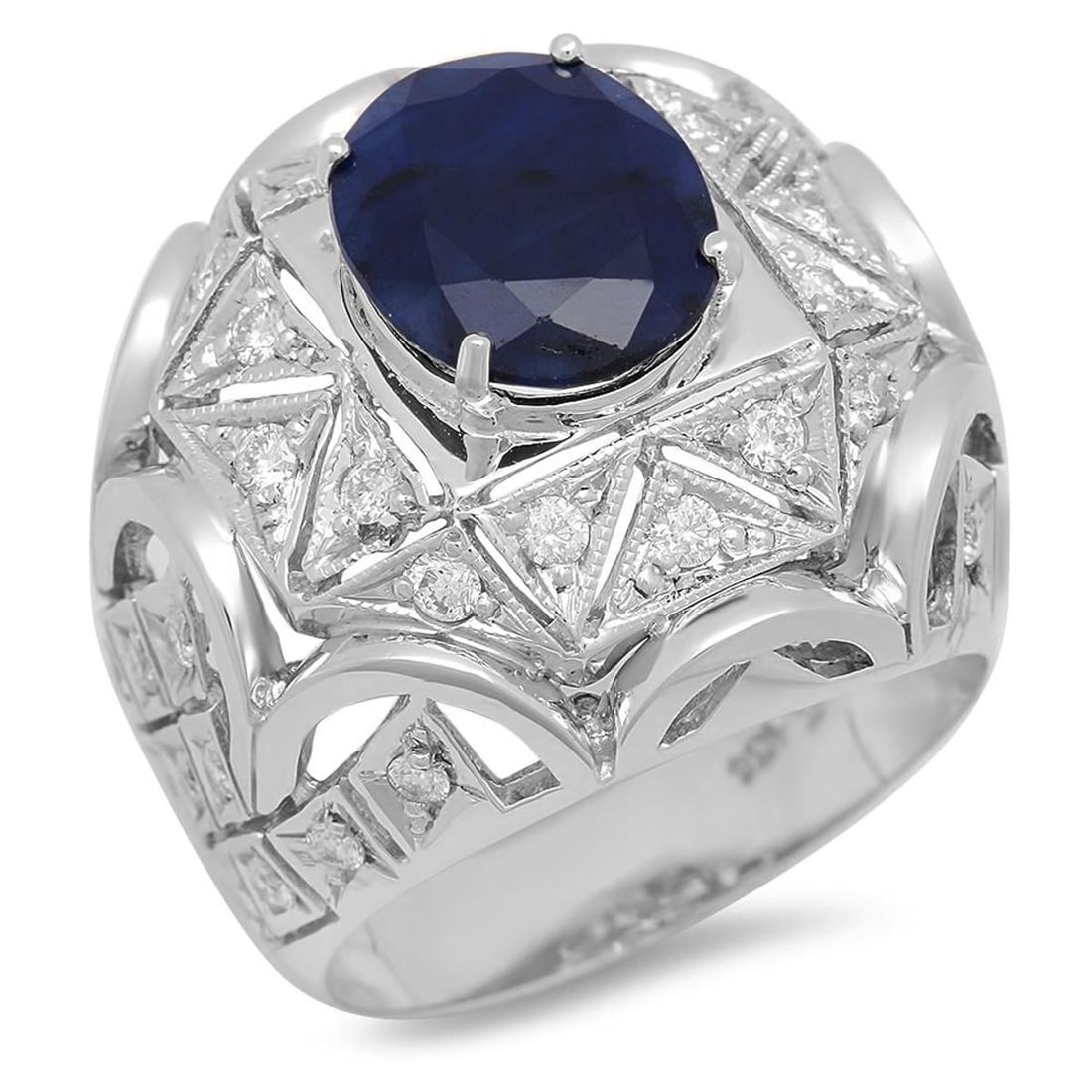 14K White Gold 5.29ct Sapphire and 1.10ct Diamond Ring: Retail: $8,015.00 ****** 14K White Gold 5.29ct Sapphire and 1.10ct Diamond Ring ****** Metal: 14K White Gold / Total Item Weight: 12.4 Grams / Country Made: United States / / Main Stone: Sapphire / Co