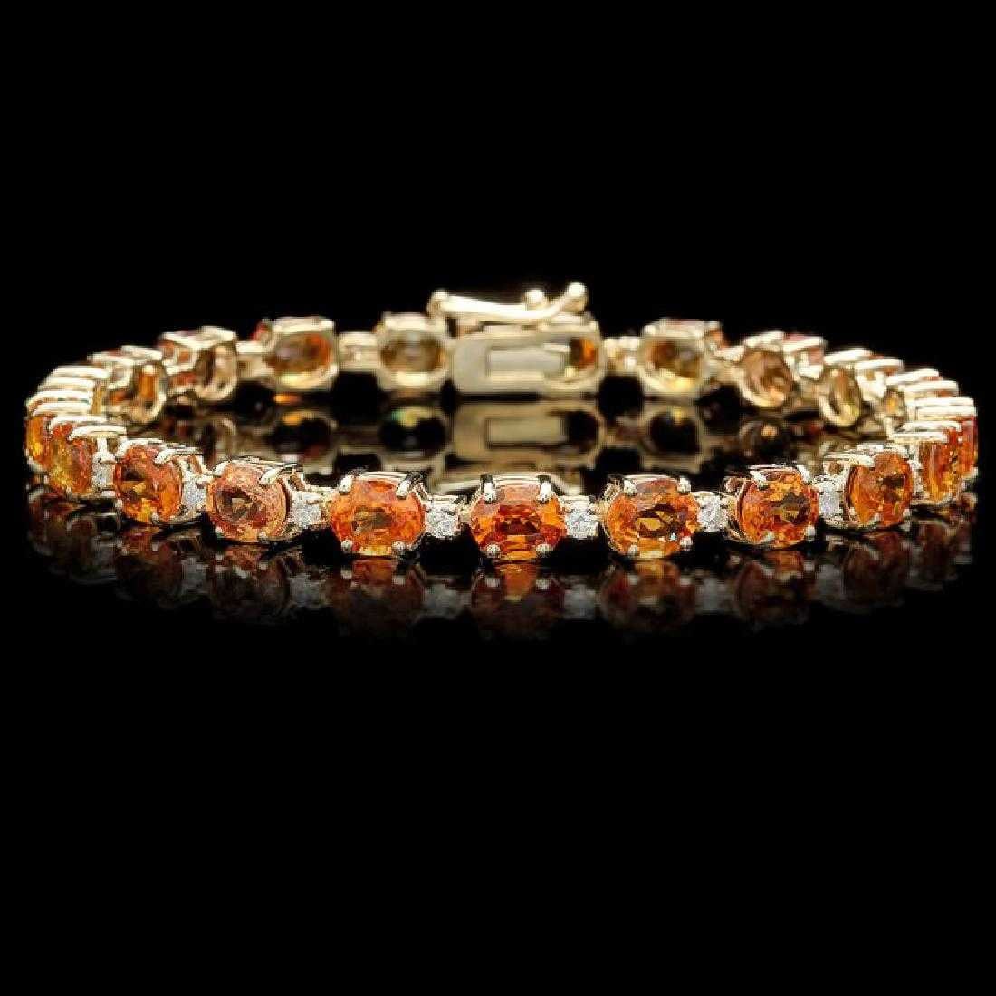 14K Yellow Gold 15.40ct Orange Sapphire and 0.85ct Diamond Bracelet: Retail: $21,740.00 ****** 14K Yellow Gold 15.40ct Orange Sapphire and 0.85ct Diamond Bracelet ****** Metal: 14K Yellow Gold / Country Made: United States / / Main Stone: Sapphire / Color: Orange /