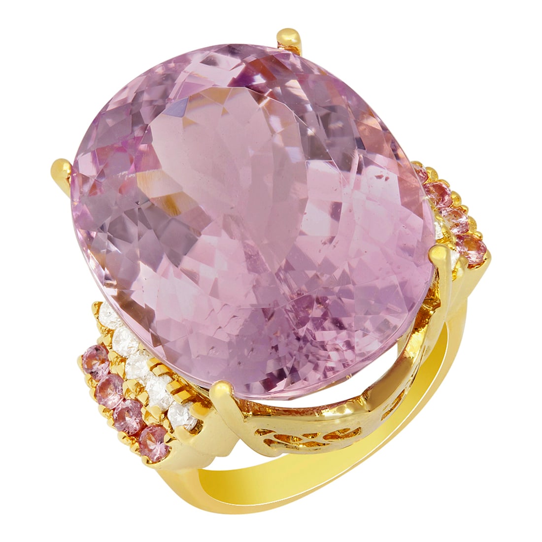 14k Yellow Gold 40.01ct Kunzite 0.34ct Pink Sapphire 0.37ct Diamond Ring: Retail: $13,900.00 ****** 14k Yellow Gold 40.01ct Kunzite 0.34ct Pink Sapphire 0.37ct Diamond Ring ****** Metal: 14K Yellow Gold / Total Item Weight: 18.80 grams / Country Made: United States / /