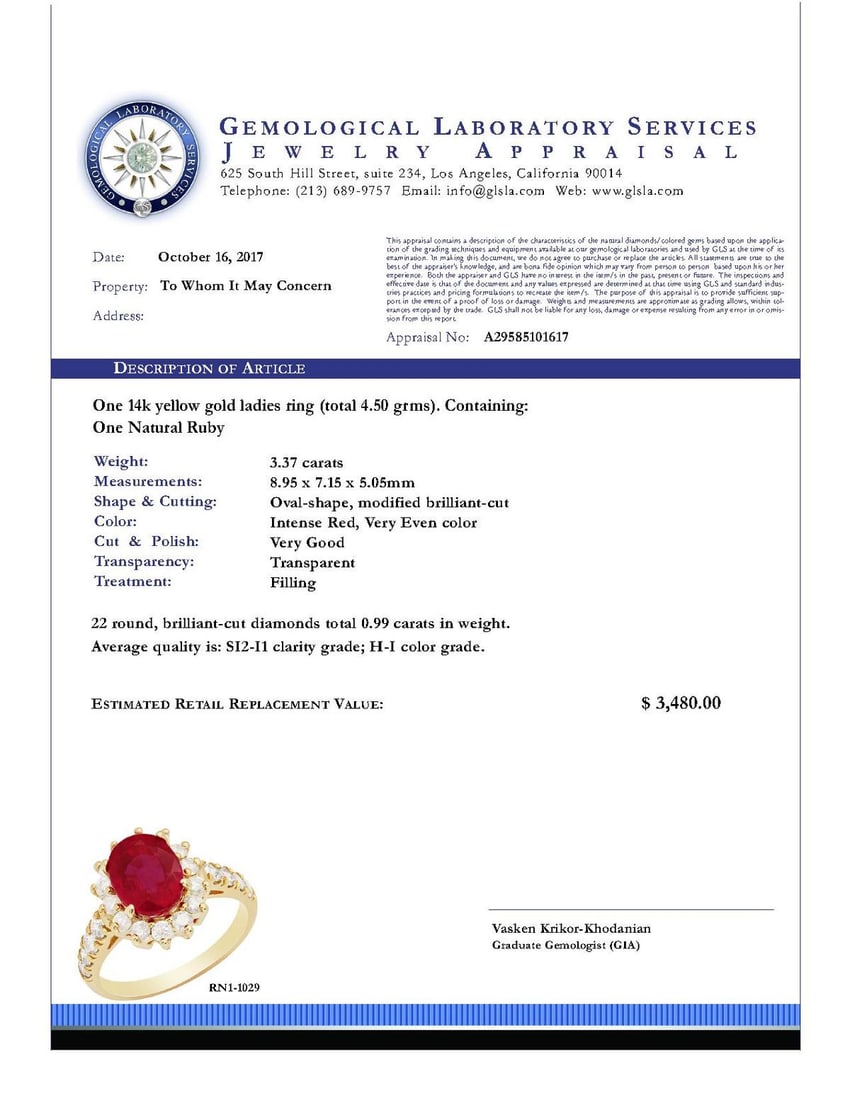 14k Yellow Gold 3.37ct Ruby 0.99ct Diamond Ring - 3