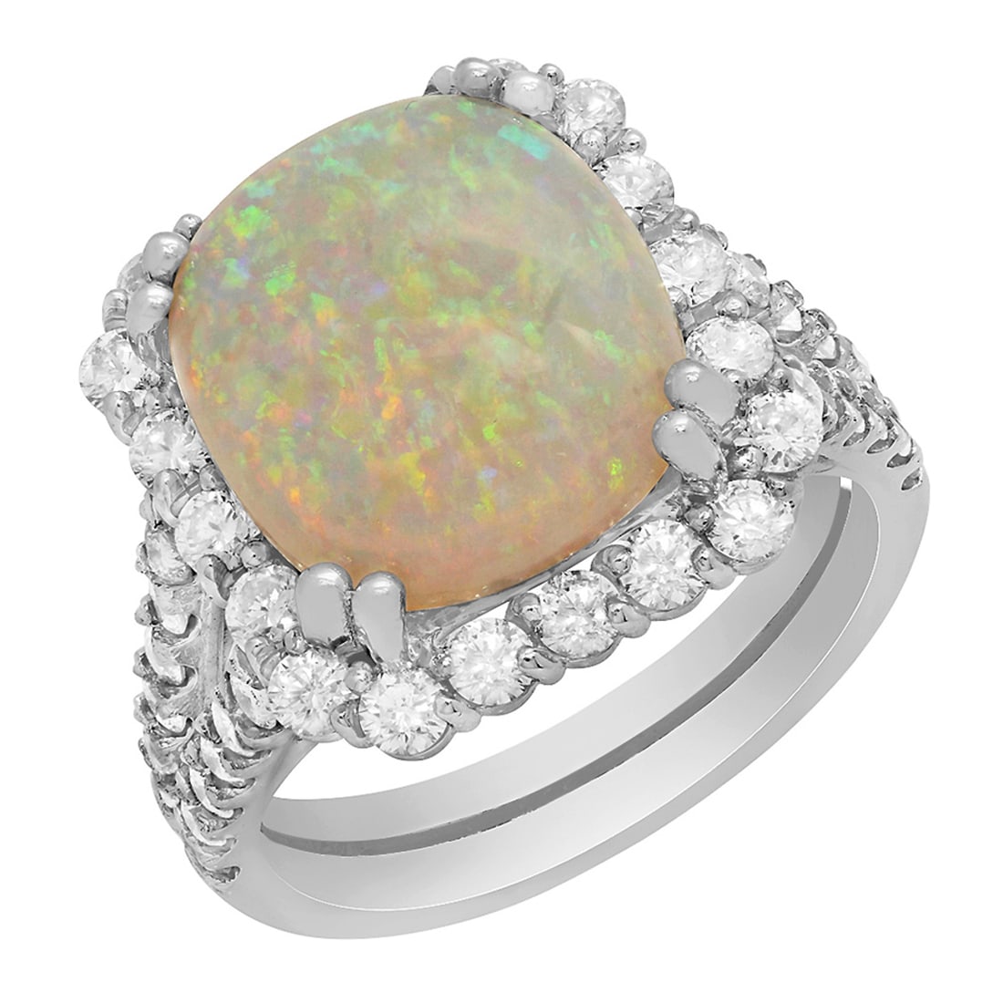 14k White Gold 5.29ct White Opal 1.59ct Diamond Ring: Retail: $8,425.00 ****** 14k White Gold 5.29ct White Opal 1.59ct Diamond Ring ****** Metal: 14K White Gold / Total Item Weight: 8.70 grams / Country Made: United States / / Main Stone: White Opal /