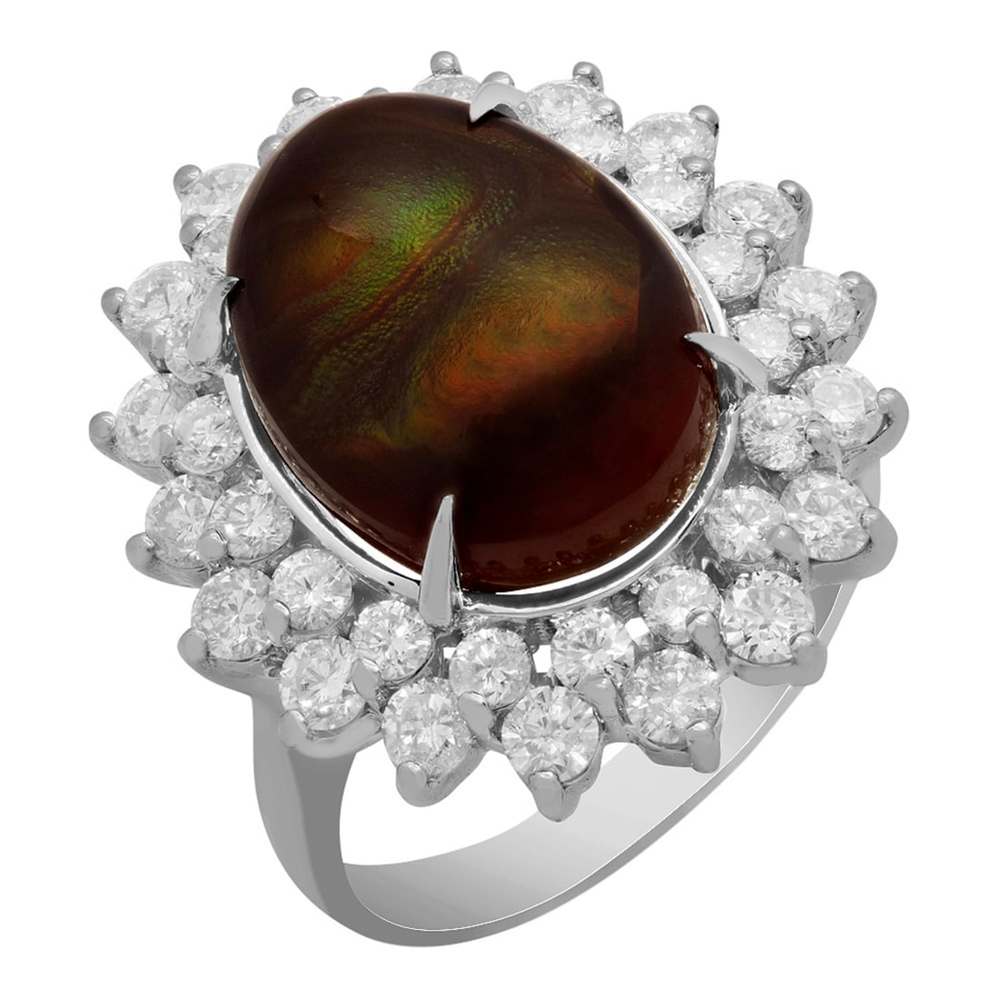 14k White Gold 4.18ct Fire Agate 1.99ct Diamond Ring: Retail: $11,610.00 ****** 14k White Gold 4.18ct Fire Agate 1.99ct Diamond Ring ****** Metal: 14K White Gold / Total Item Weight: 8.40 grams / Country Made: United States / / Main Stone: Fire Agate / C
