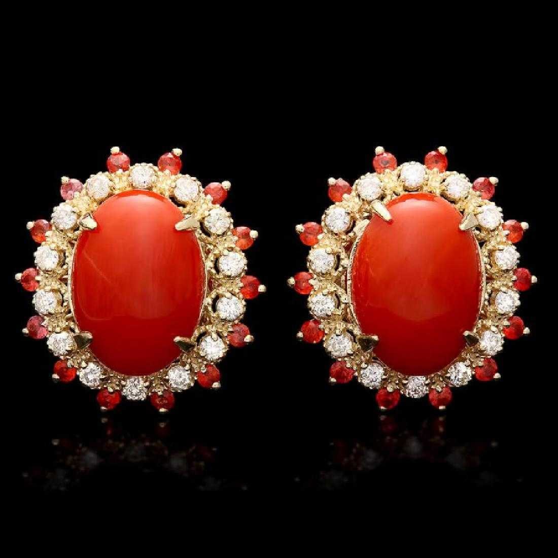 14K Yellow Gold 7.84ct Coral 0.76ct Sapphire and 0.78ct Diamond Earrings: Retail: $9,875.00 ****** 14K Yellow Gold 7.84ct Coral 0.76ct Sapphire and 0.78ct Diamond Earrings ****** Metal: 14K Yellow Gold / Total Item Weight: 8.0 Grams / Country Made: United States / / Main St