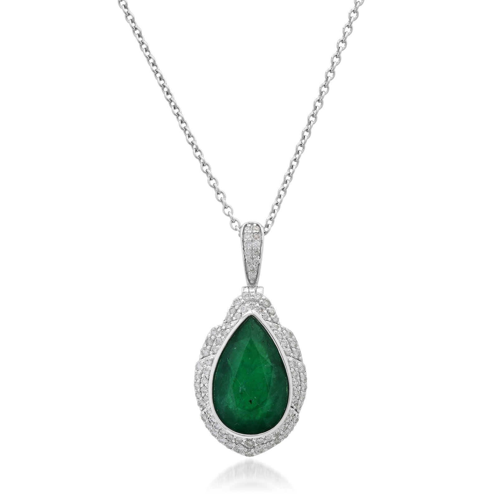 Platinum Ladies Pendant with 6.05ct Emerald and 0.58tcw Adjacent Diamonds: Retail: $20,000.00 ****** Platinum Ladies Pendant with 6.05ct Emerald and 0.58tcw Adjacent Diamonds ****** Size: 1.25 long 5/8" wide 18" Chain / Metal: Platinum / Total Item Weight: 9.31 Grams / Count