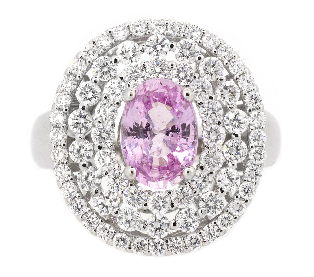 18K White Gold Ladies Ring with 2.04ct GIA Certified Pink Sapphire and 1.64ct tw Adjacent Diamonds: Retail: $11,500.00 ****** 18K White Gold Ladies Ring with 2.04ct GIA Certified Pink Sapphire and 1.64ct tw Adjacent Diamonds ****** Size: 6.5 / Metal: 18K White Gold / Total Item Weight: 7.3 Grams / C