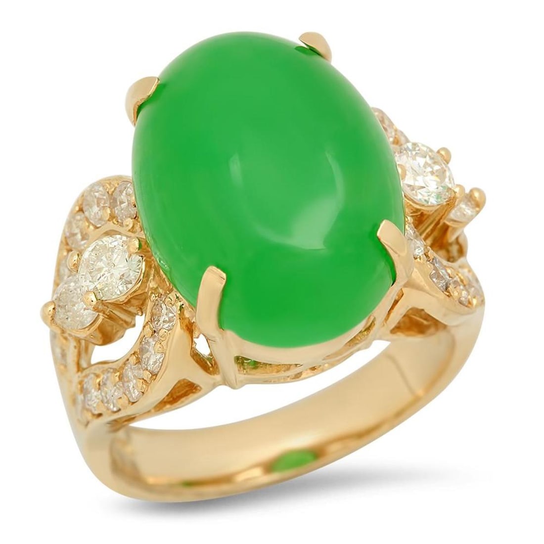 14K Yellow Gold 9.53ct Jadeite and 1.28ct Diamond Ring: Retail: $9,400.00 ****** 14K Yellow Gold 9.53ct Jadeite and 1.28ct Diamond Ring ****** Metal: 14K Yellow Gold / Total Item Weight: 9.5 Grams / Country Made: United States / / Main Stone: Jadeite /