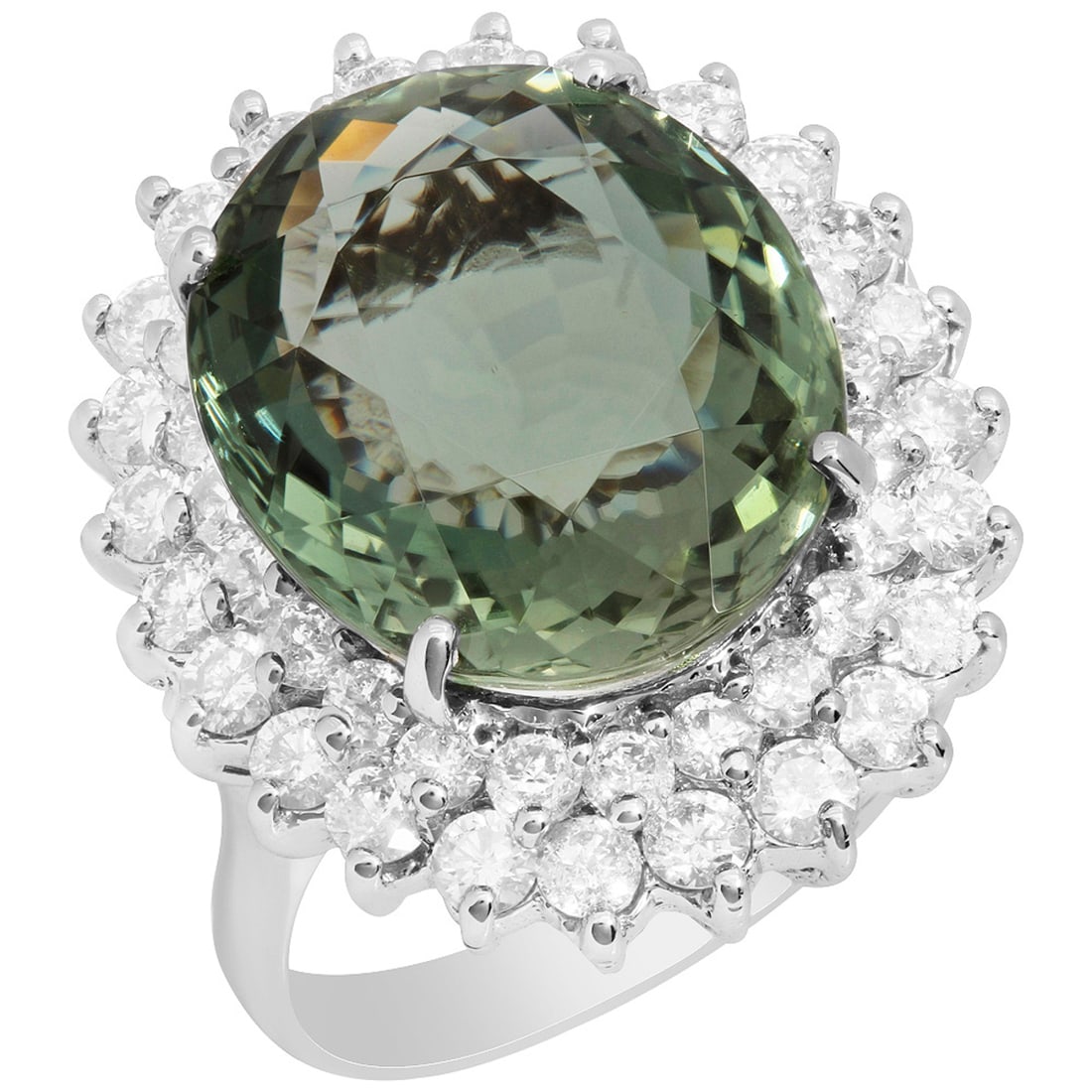 14k White Gold 11.11ct Green Tourmaline 2.11ct Diamond Ring: Retail: $9,450.00 ****** 14k White Gold 11.11ct Green Tourmaline 2.11ct Diamond Ring ****** Metal: 14K White Gold / Total Item Weight: 9.20 grams / Country Made: United States / / Main Stone: Green To