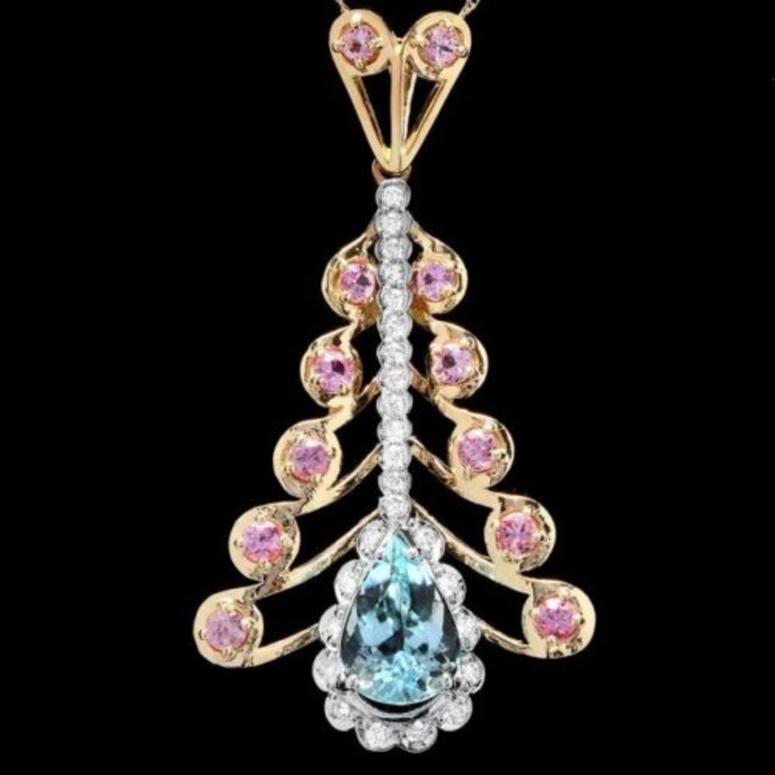 14K Gold 3.87ct Aquamarine 1.46ct Sapphire and 0.77ct Diamond Pendant: Retail: $10,700.00 ****** 14K Gold 3.87ct Aquamarine 1.46ct Sapphire and 0.77ct Diamond Pendant ****** Metal: 14K Yellow and White Gold / Total Item Weight: 9.5 Grams / Country Made: United States / /