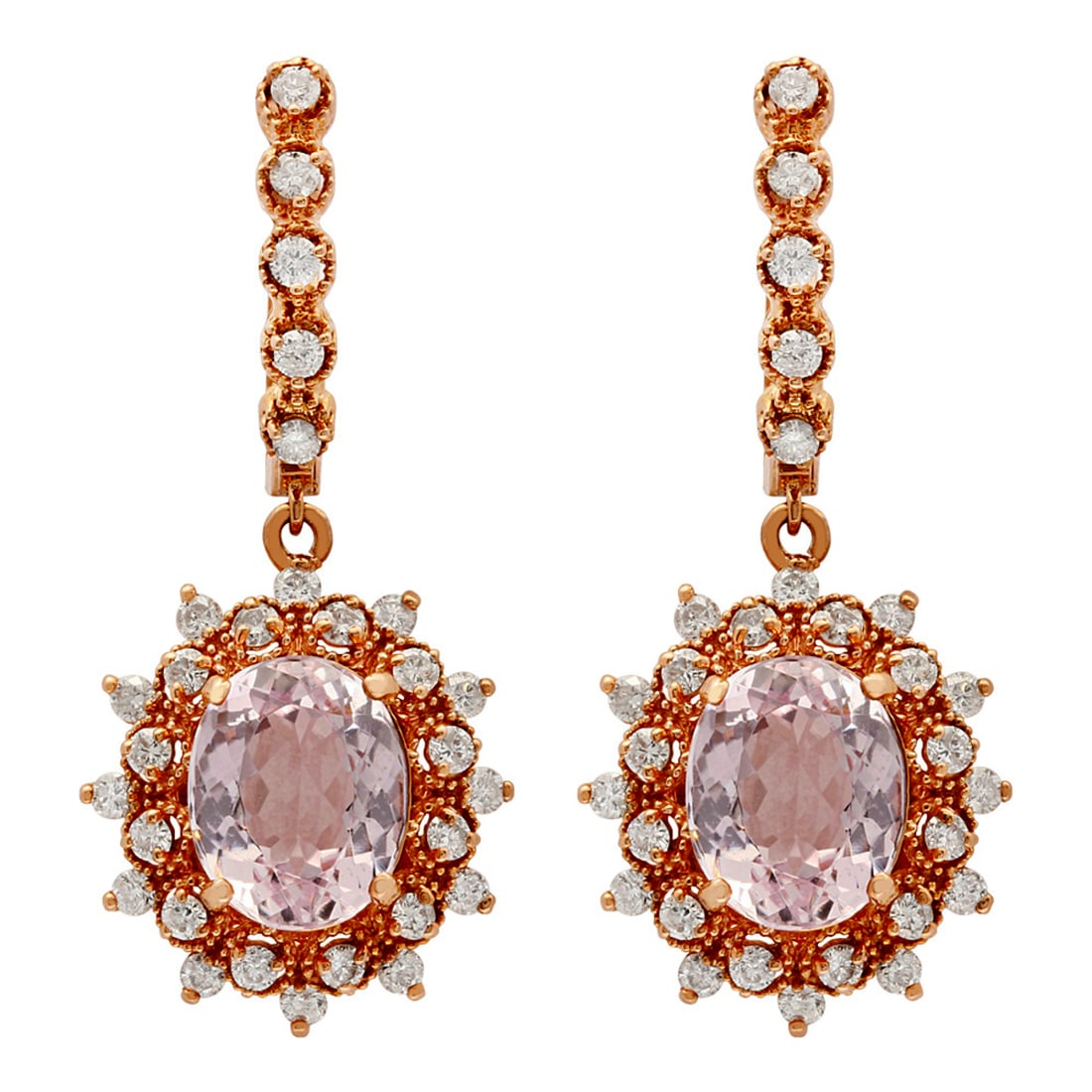 14k Rose Gold 7.98ct Kunzite 1.22ct Diamond Earrings: Retail: $7,380.00 ****** 14k Rose Gold 7.98ct Kunzite 1.22ct Diamond Earrings ****** Metal: 14K Rose Gold / Total Item Weight: 9.50 grams / Country Made: United States / / Main Stone: Kunzite / Color: