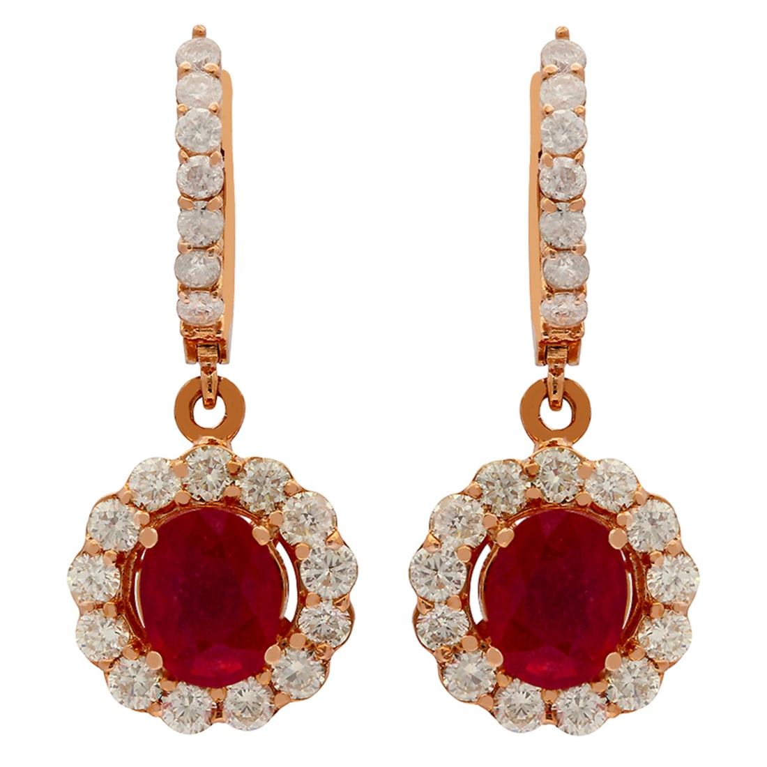 14k Rose Gold 2.79ct Ruby 2.05ct Diamond Earrings: Retail: $8,835.00 ****** 14k Rose Gold 2.79ct Ruby 2.05ct Diamond Earrings ****** Metal: 14K Rose Gold / Total Item Weight: 6.80 grams / Country Made: United States / / Main Stone: Ruby / Color: Inten
