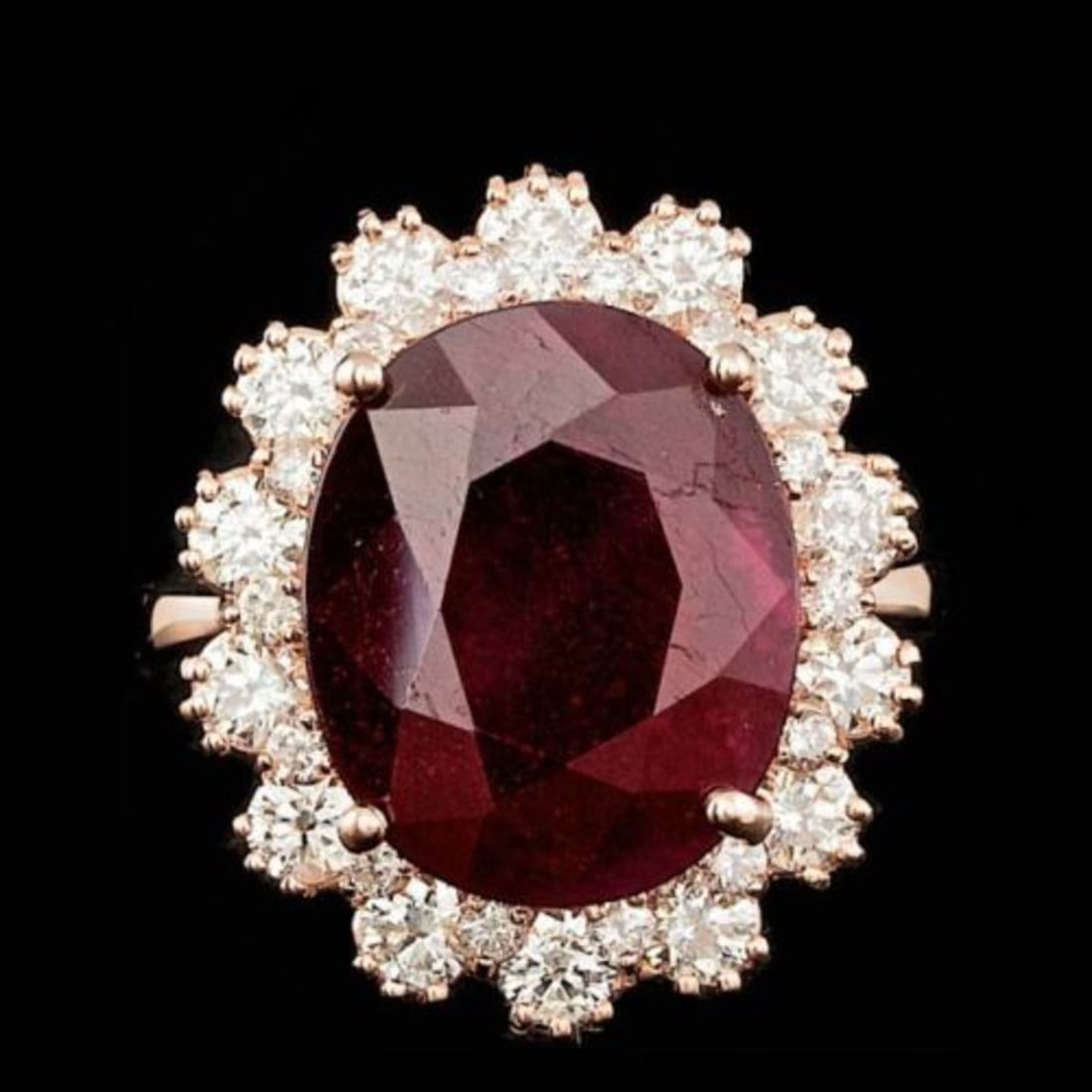 14K Rose Gold 10.17ct Ruby and 1.50ct Diamond Ring: Retail: $11,490.00 ****** 14K Rose Gold 10.17ct Ruby and 1.50ct Diamond Ring ****** Metal: 14K Rose Gold / Total Item Weight: 7.7 Grams / Country Made: United States / / Main Stone: Ruby / Color: Red
