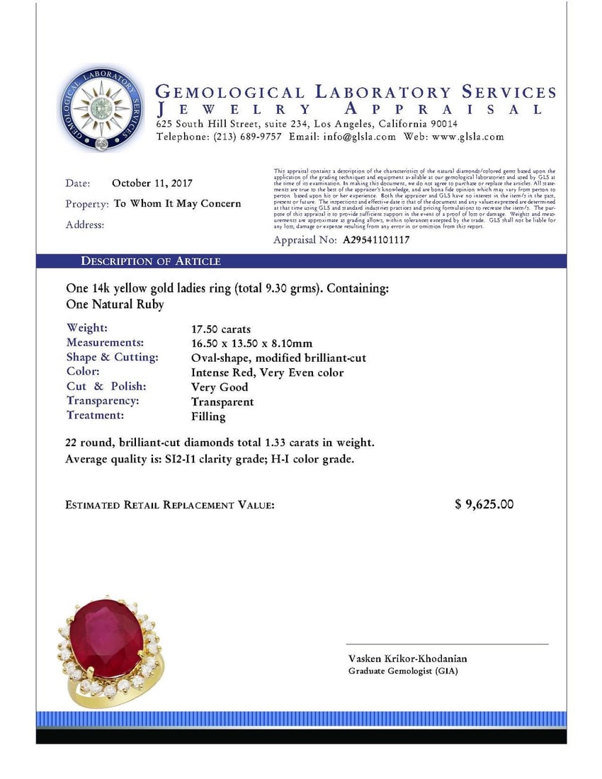 14k Yellow Gold 17.50ct Ruby 1.33ct Diamond Ring - 4