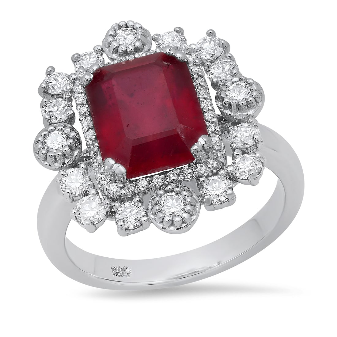 14K White Gold Setting with 4.75ct Ruby and 1.0ct Diamond Ladies Ring: Retail: $8,755.00 ****** 14K White Gold Setting with 4.75ct Ruby and 1.0ct Diamond Ladies Ring ****** Size: 7(we offer free resizing to winning bidders) / Metal: 14K White Gold / Total Item Weight: 7.