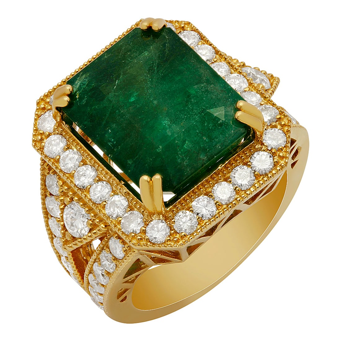 14k Yellow Gold 10.14ct Emerald 2.09ct Diamond Ring: Retail: $11,845.00 ****** 14k Yellow Gold 10.14ct Emerald 2.09ct Diamond Ring ****** Metal: 14K Yellow Gold / Total Item Weight: 14.40 grams / Country Made: United States / / Main Stone: Emerald / Col