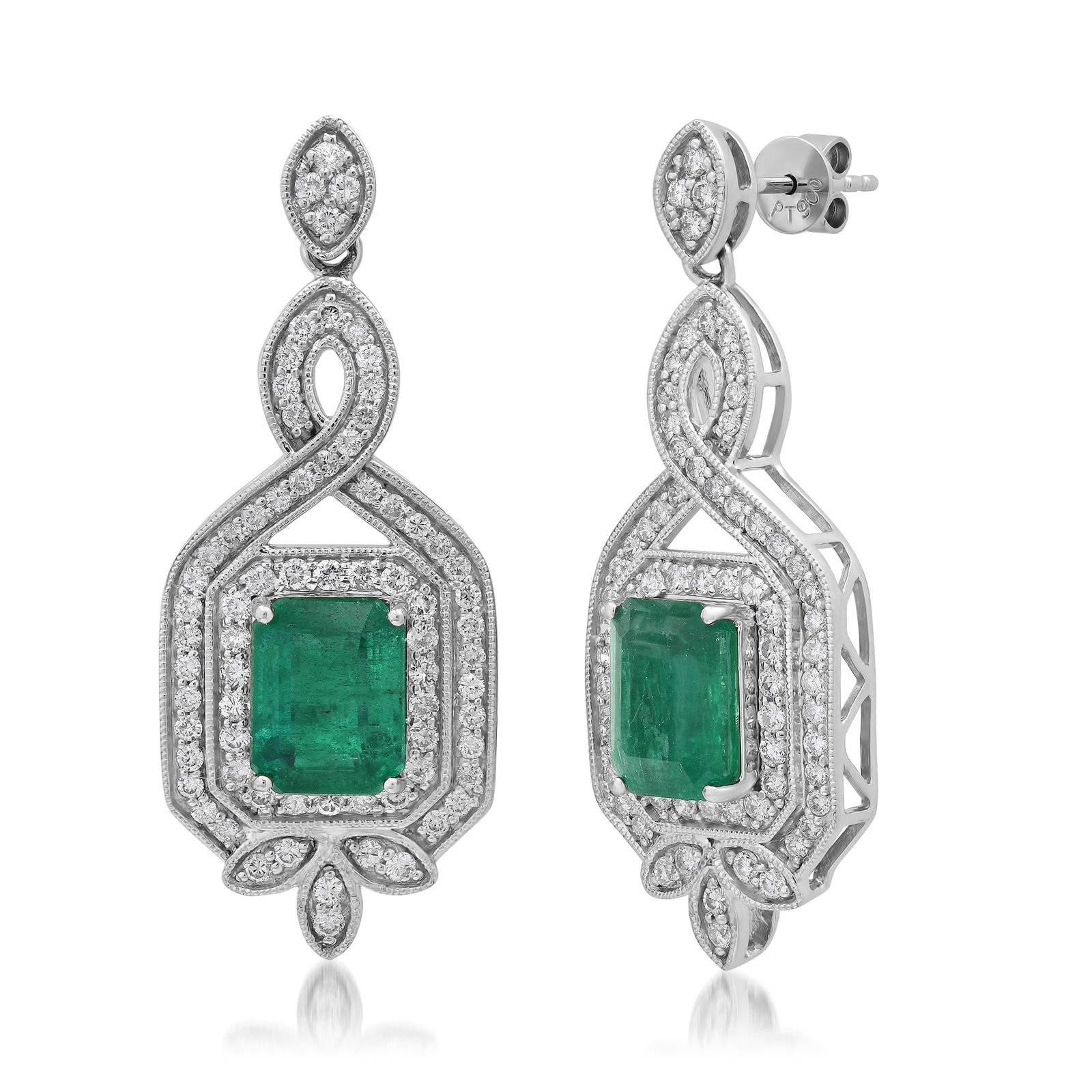 Platinum Ladies Earrings with 4.76tcw Emeralds and 1.42tcw Adjacent Diamonds: Retail: $25,640.00 ****** Platinum Ladies Earrings with 4.76tcw Emeralds and 1.42tcw Adjacent Diamonds ****** Size: 1.5 Long / Metal: Platinum / Total Item Weight: 13.1 Grams / Country Made: United