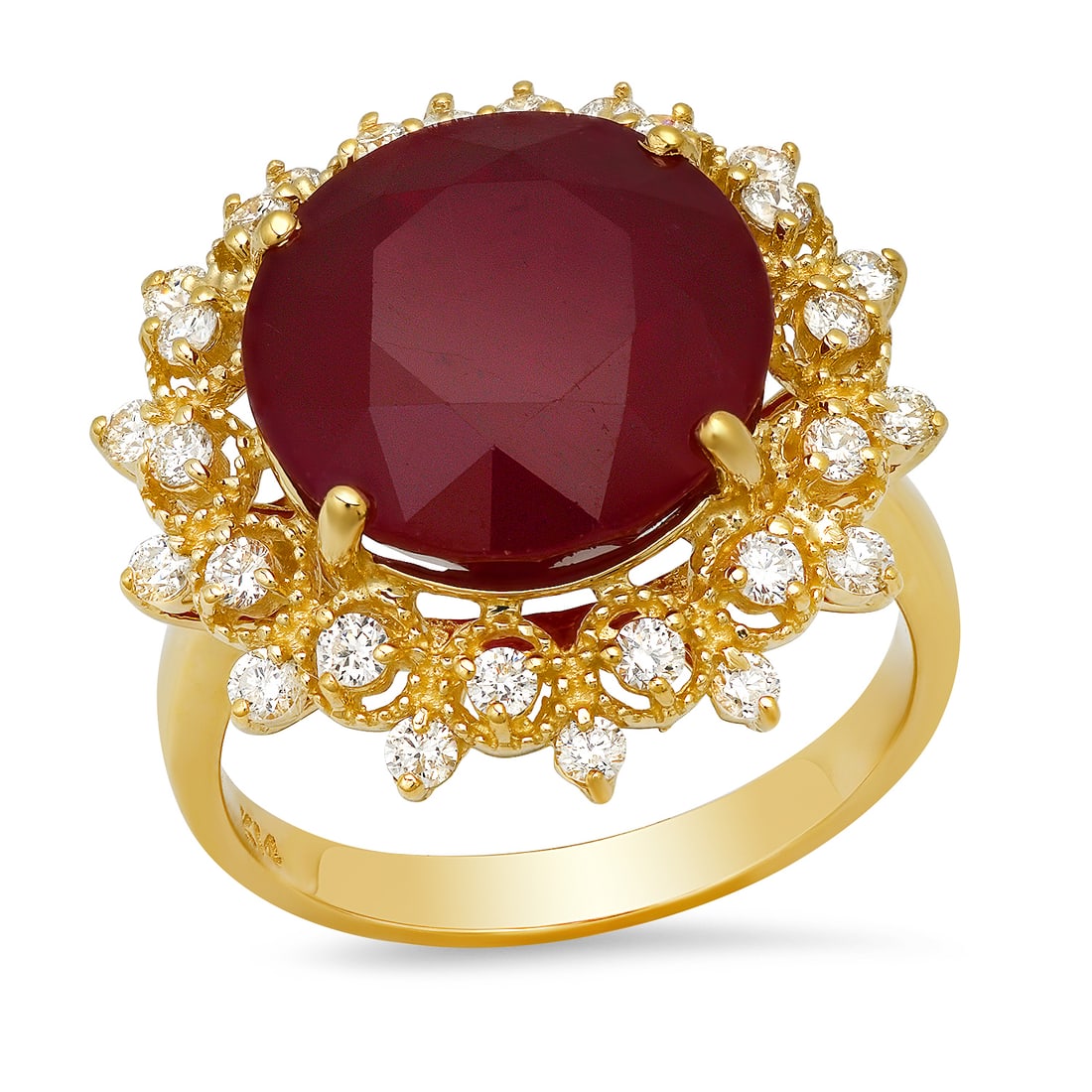 14K Yellow Gold Setting with 13.28ct Ruby and 0.78ct Diamond Ladies Ring: Retail: $8,900.00 ****** 14K Yellow Gold Setting with 13.28ct Ruby and 0.78ct Diamond Ladies Ring ****** Size: 7(we offer free resizing to winning bidders) / Metal: 14K Yellow Gold / Total Item Weight