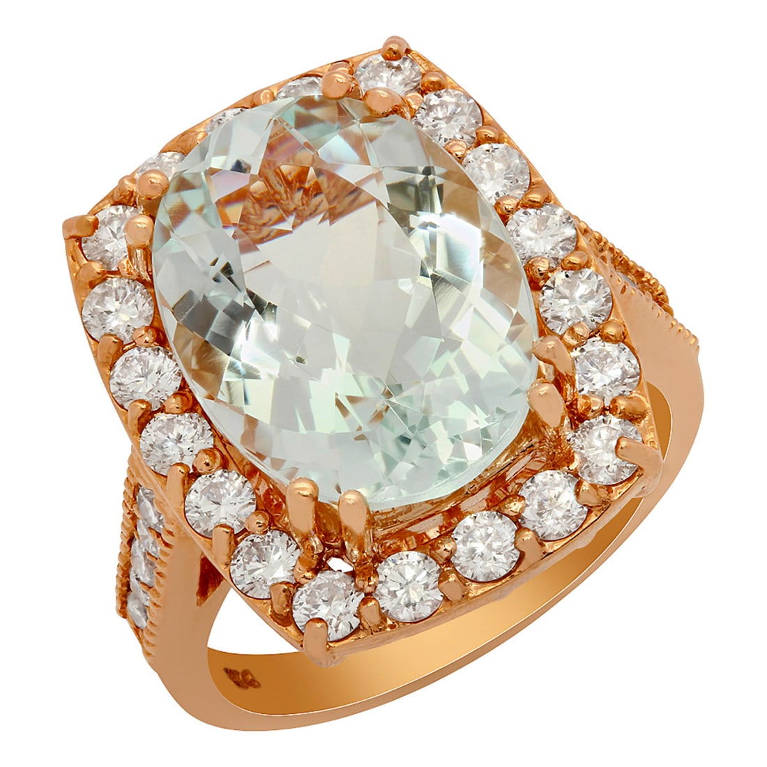 14k Rose Gold 8.60ct Aquamarine 1.43ct Diamond Ring: Retail: $10,775.00 ****** 14k Rose Gold 8.60ct Aquamarine 1.43ct Diamond Ring ****** Metal: 14K Rose Gold / Total Item Weight: 7.90 grams / Country Made: United States / / Main Stone: Aquamarine / Col