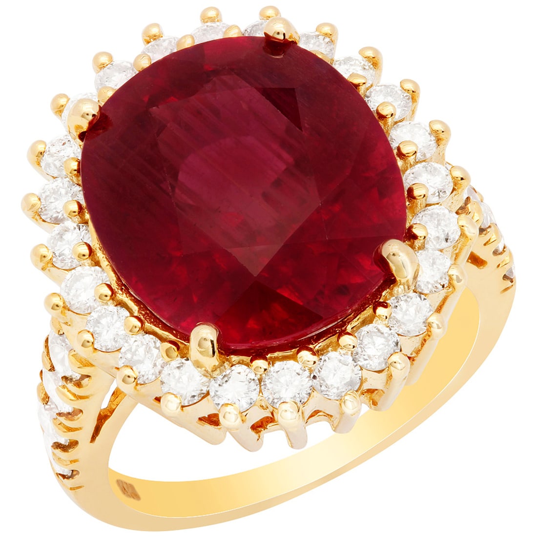 14k Yellow Gold 12.95ct Ruby 1.36ct Diamond Ring: Retail: $11,050.00 ****** 14k Yellow Gold 12.95ct Ruby 1.36ct Diamond Ring ****** Metal: 14K Yellow Gold / Total Item Weight: 9.30 grams / Country Made: United States / / Main Stone: Ruby / Color: Int