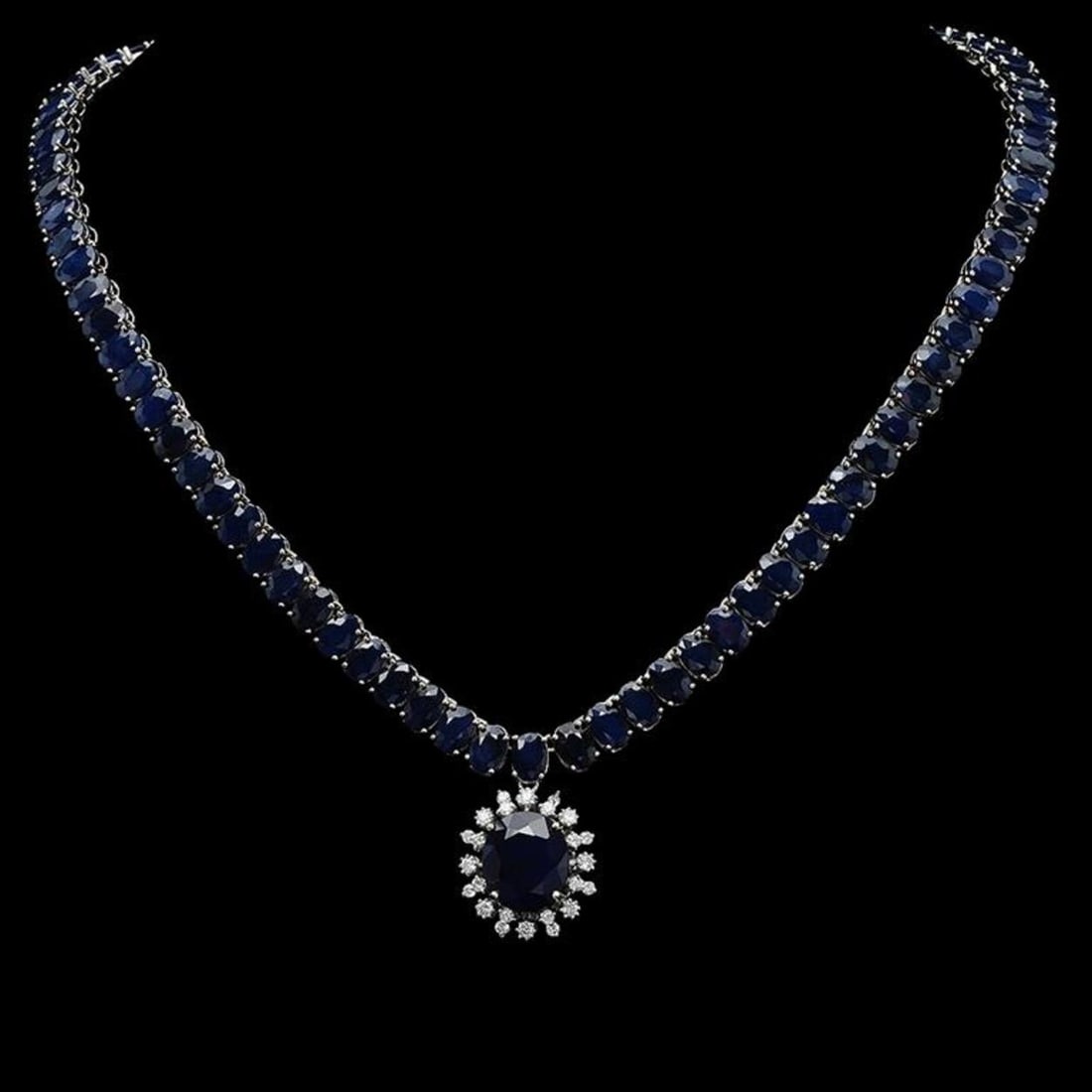 14K Gold 91.79ct Sapphire & 0.97ct Diamond Necklace: Retail: $38,140.00 ****** 14K Gold 91.79ct Sapphire & 0.97ct Diamond Necklace ****** Metal: 14K Solid White Gold / Total Item Weight: 48.2 grams / Country Made: United States / / Main Stone: Sapphire