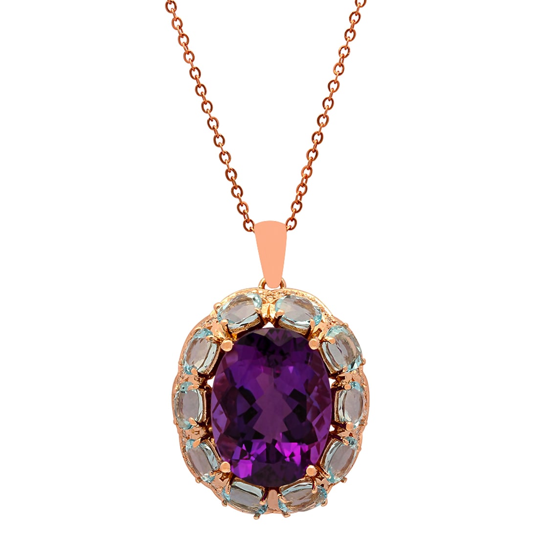 14k Rose Gold 17.60ct Amethyst 13.82ct Aquamarine 0.72ct Diamond Pendant: Retail: $9,370.00 ****** 14k Rose Gold 17.60ct Amethyst 13.82ct Aquamarine 0.72ct Diamond Pendant ****** Metal: 14K Rose Gold / Total Item Weight: 12.62 grams / Country Made: United States / / Main St
