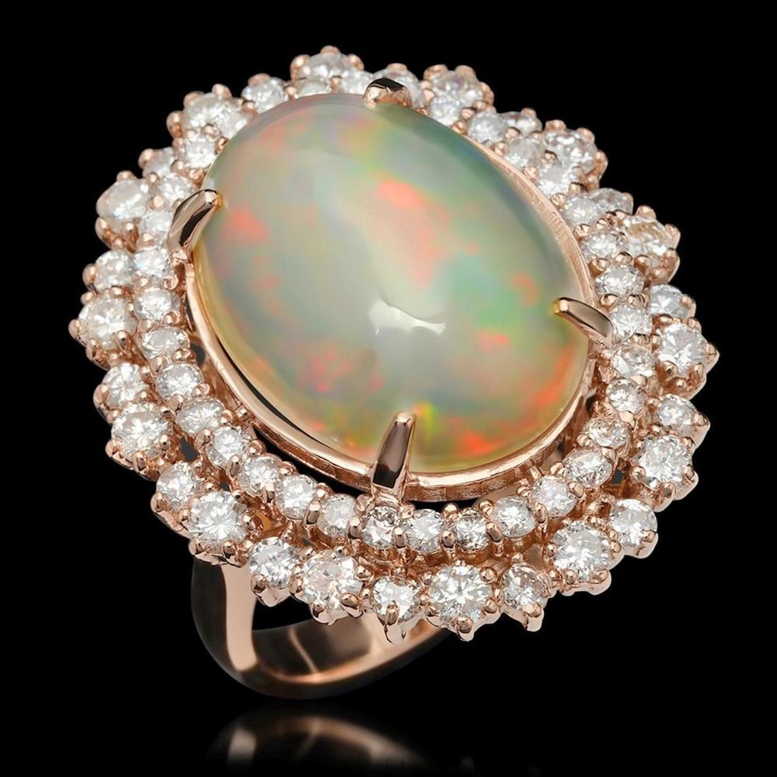14K Rose Gold 7.60ct Opal and 2.09ct Diamond Ring: Retail: $13,869.00 ****** 14K Rose Gold 7.60ct Opal and 2.09ct Diamond Ring ****** Metal: 14K Rose Gold / Total Item Weight: 10.5 Grams / Country Made: United States / / Main Stone: Opal / Color: