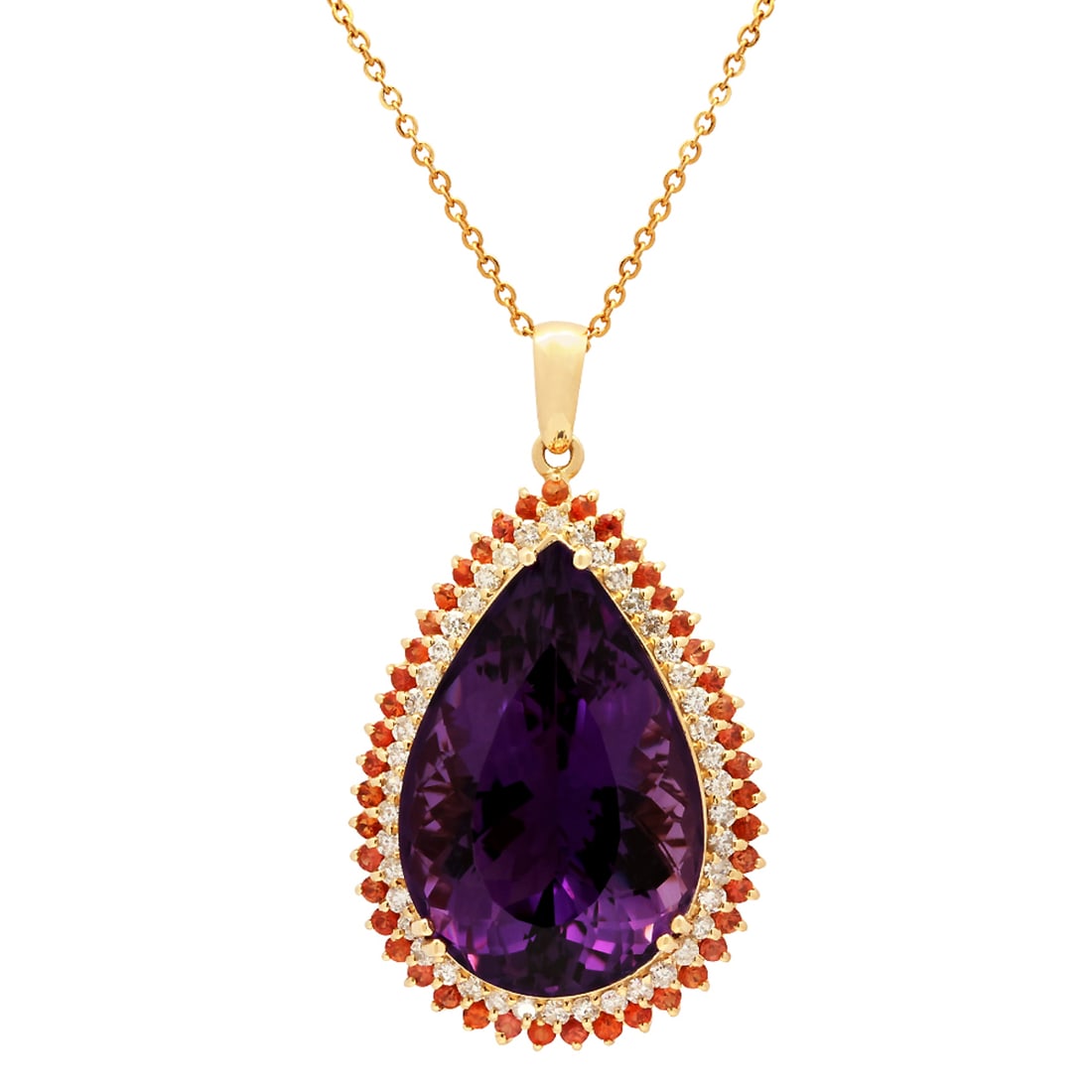 14k Yellow Gold 52.12ct Amethyst 2.12ct Orange Sapphire 1.68ct Diamond Pendant: Retail: $17,825.00 ****** 14k Yellow Gold 52.12ct Amethyst 2.12ct Orange Sapphire 1.68ct Diamond Pendant ****** Metal: 14K Yellow Gold / Total Item Weight: 25.40 grams / Country Made: United States / 