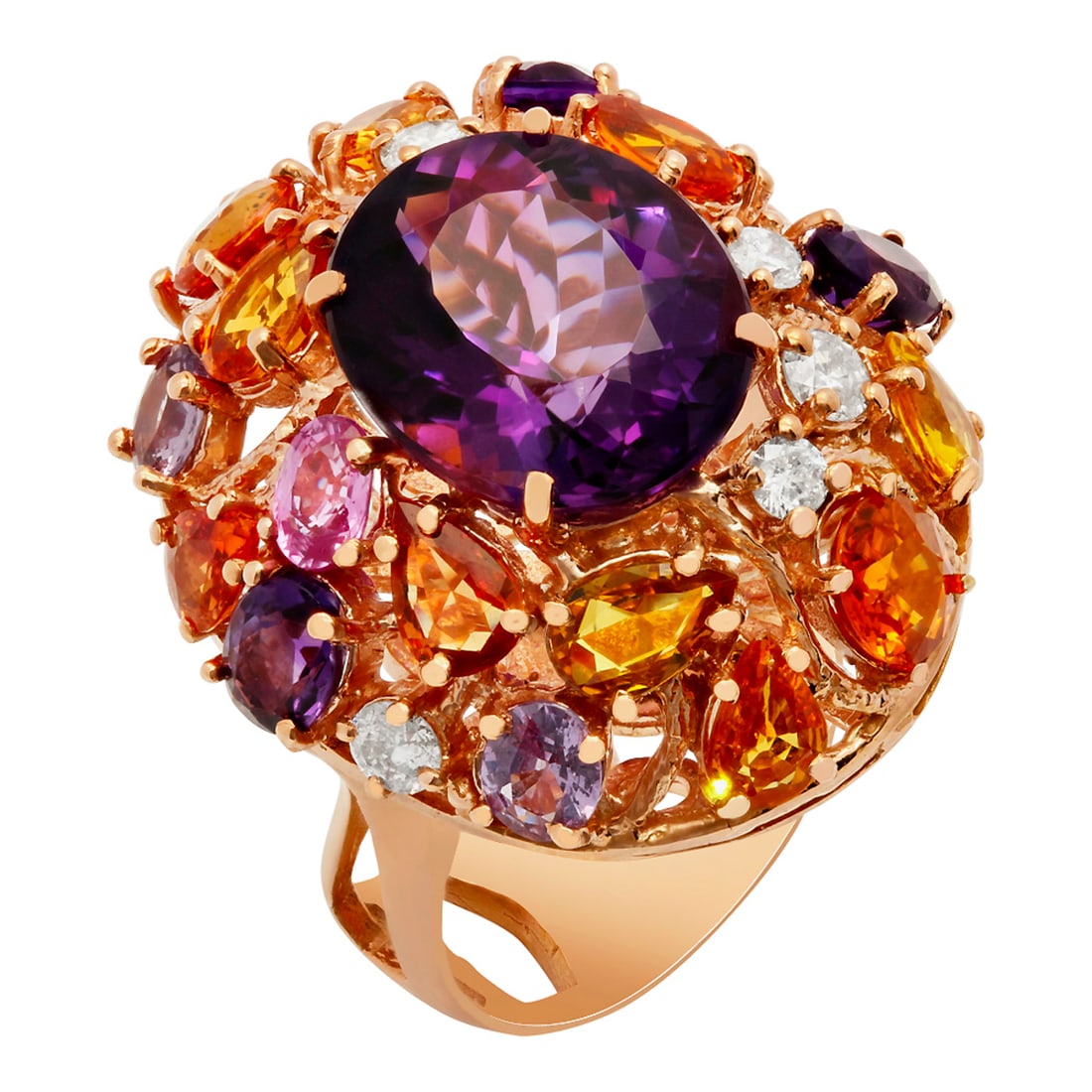 14k Rose Gold 8.75ct Amethyst 6.14ct Multi-Stone 0.76ct Diamond Ring: Retail: $8,825.00 ****** 14k Rose Gold 8.75ct Amethyst 6.14ct Multi-Stone 0.76ct Diamond Ring ****** Metal: 14K Rose Gold / Total Item Weight: 16.20 grams / Country Made: United States / / Main
