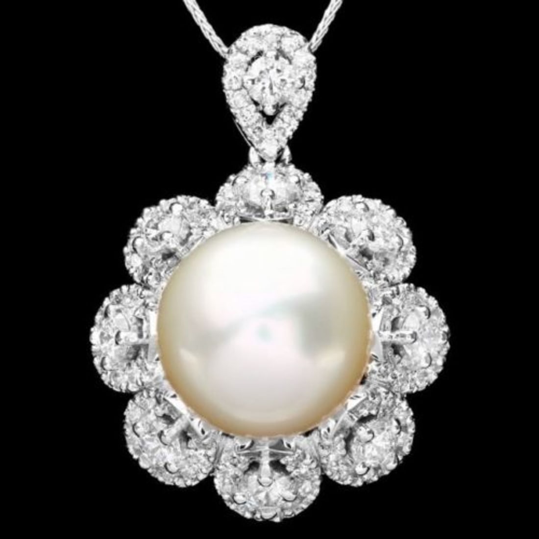 14K Gold 14mm South Sea Pearl and 3.16ct Diamond Pendant: Retail: $21,510.00 ****** 14K Gold 14mm South Sea Pearl and 3.16ct Diamond Pendant ****** Metal: 14K White Gold / Total Item Weight: 16.0 Grams / Country Made: United States / / Main Stone: Pearl /