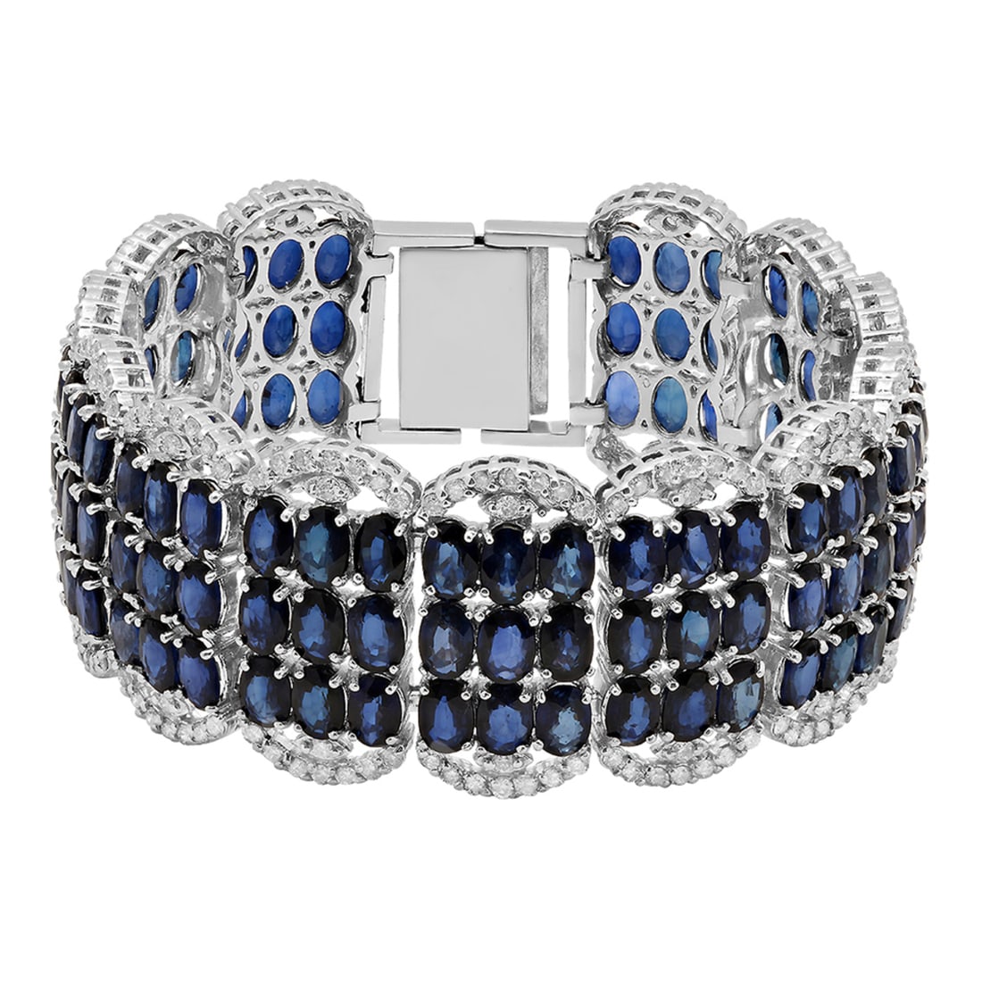 14k White Gold 65.60ct Sapphire 4.16ct Diamond Bracelet: Retail: $28,900.00 ****** 14k White Gold 65.60ct Sapphire 4.16ct Diamond Bracelet ****** Metal: 14K White Gold / Total Item Weight: 64.76 grams / Country Made: United States / / Main Stone: Sapphire /