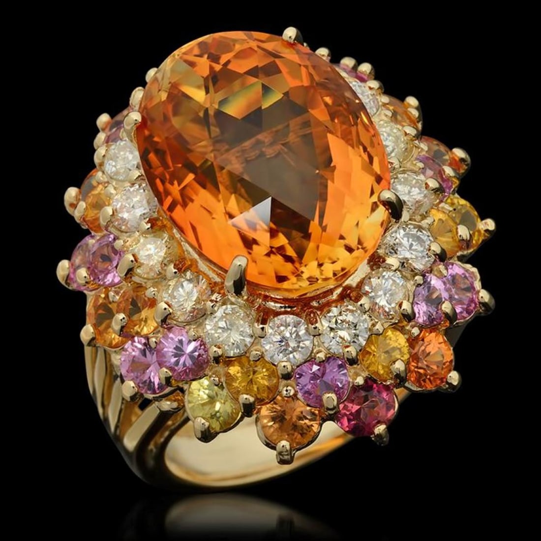 14K Yellow Gold 13.0ct Citrine 4.29ct Sapphire and 1.43ct Diamond Ring: Retail: $12,805.00 ****** 14K Yellow Gold 13.0ct Citrine 4.29ct Sapphire and 1.43ct Diamond Ring ****** Metal: 14K Yellow Gold / Total Item Weight: 13.3 Grams / Country Made: United States / / Main St