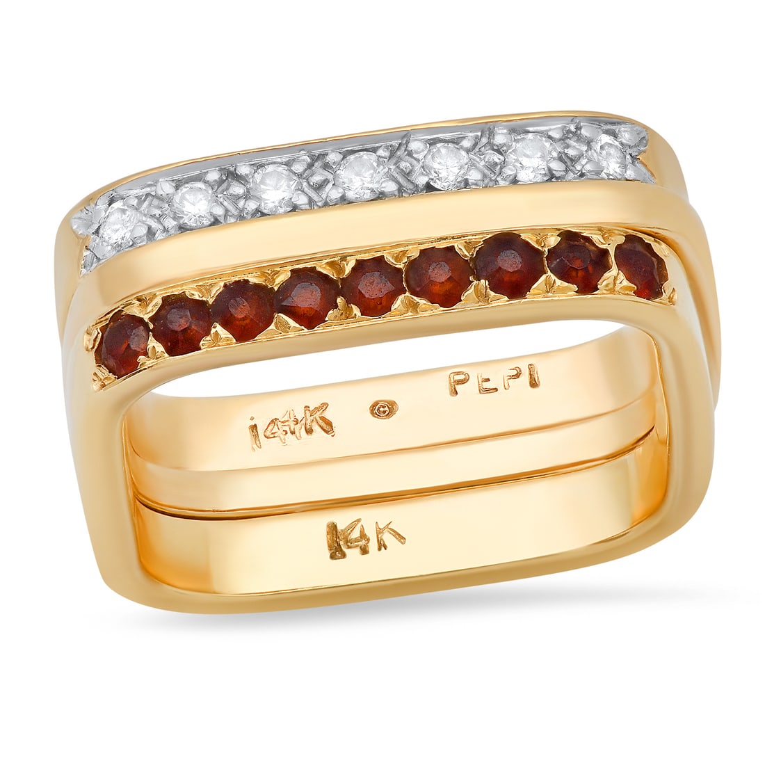 Three 14K Yellow Gold Diamond and Garnet Ladies Ring Set(three pieces): Retail: $2,060.00 ****** Three 14K Yellow Gold Diamond and Garnet Ladies Ring Set(three pieces) ****** Size: 7 / Metal: 14K Yellow Gold / Total Item Weight: 7.07 Grams / Country Made: United States /