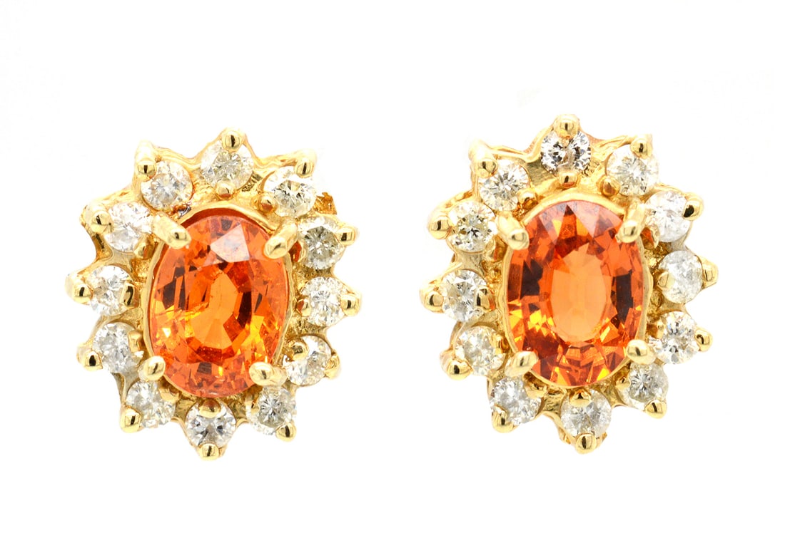 14K Yellow Gold Ladies Earrings with 2.48ct Spessartite Garnet and 0.74tcw Adjacent Diamonds: Retail: $4,400.00 ****** 14K Yellow Gold Ladies Earrings with 2.48ct Spessartite Garnet and 0.74tcw Adjacent Diamonds ****** Metal: 14K Yellow Gold / Total Item Weight: 4.3 Grams / Country Made: