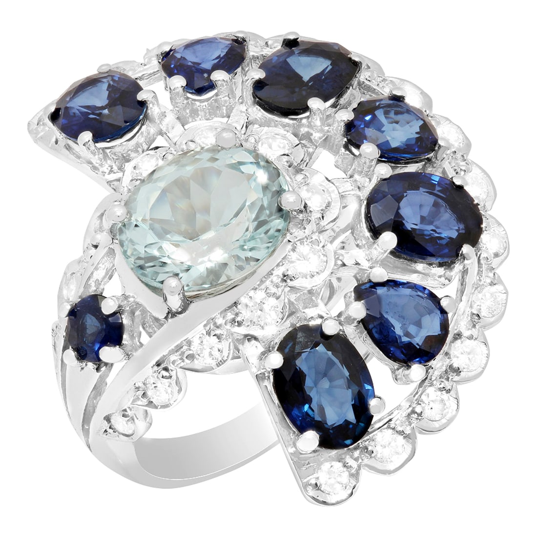 14k White Gold 2.45ct Aquamarine 5.69ct Sapphire 0.82ct Diamond Ring: Retail: $14,640.00 ****** 14k White Gold 2.45ct Aquamarine 5.69ct Sapphire 0.82ct Diamond Ring ****** Metal: 14K White Gold / Total Item Weight: 12.10 grams / Country Made: United States / / Main