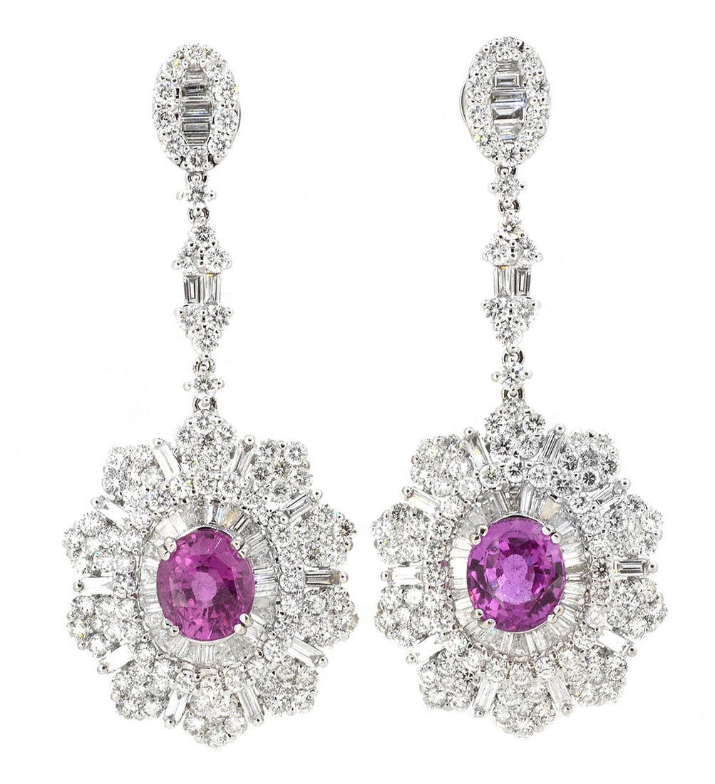 18K White Gold Earrings with 4.70ct Pink Sapphire and 6.73tw Diamonds: Retail: $27,500.00 ****** 18K White Gold Earrings with 4.70ct Pink Sapphire and 6.73tw Diamonds ****** Size: 2 / Metal: 18K White Gold / Total Item Weight: 14.4 Grams / Country Made: United States /