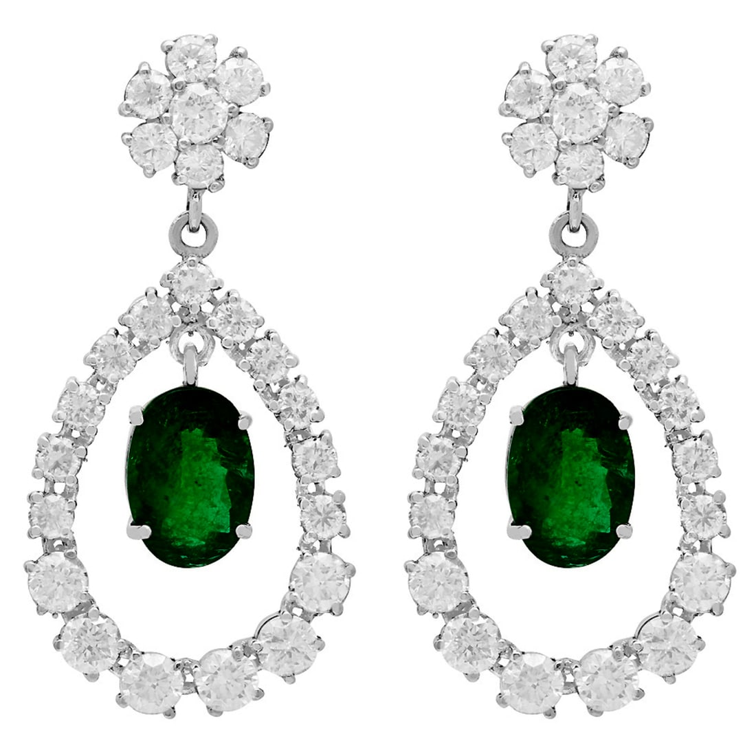 14k White Gold 5.91ct Emerald 7.10ct Diamond Earrings: Retail: $21,825.00 ****** 14k White Gold 5.91ct Emerald 7.10ct Diamond Earrings ****** Metal: 14K White Gold / Total Item Weight: 12.10 grams / Country Made: United States / / Main Stone: Emerald /