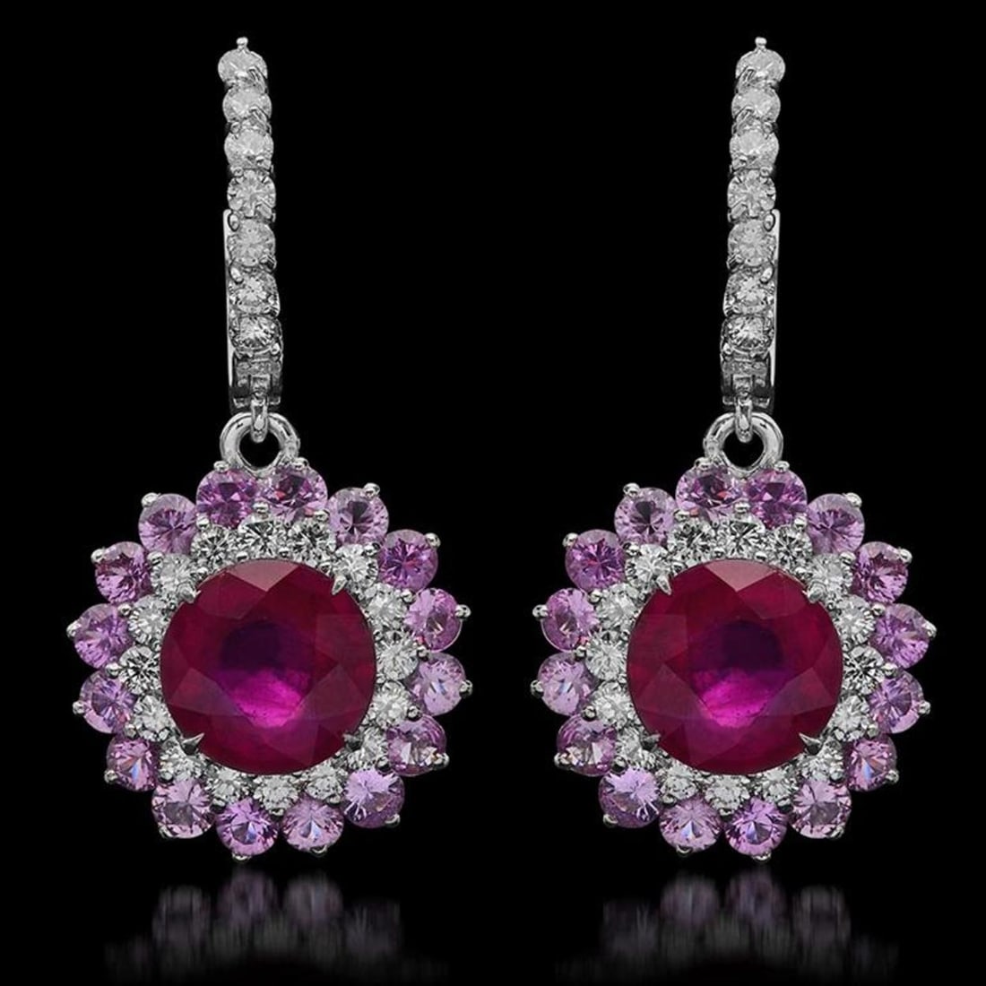 14K Gold 6.17ct Ruby, 4.80ct Pink Sapphire, 1.54ct Diamond Earrings: Retail: $5,326.00 ****** 14K Gold 6.17ct Ruby, 4.80ct Pink Sapphire, 1.54ct Diamond Earrings ****** Metal: 14K Solid White Gold / Total Item Weight: 10.3 grams / Country Made: United States / / Main